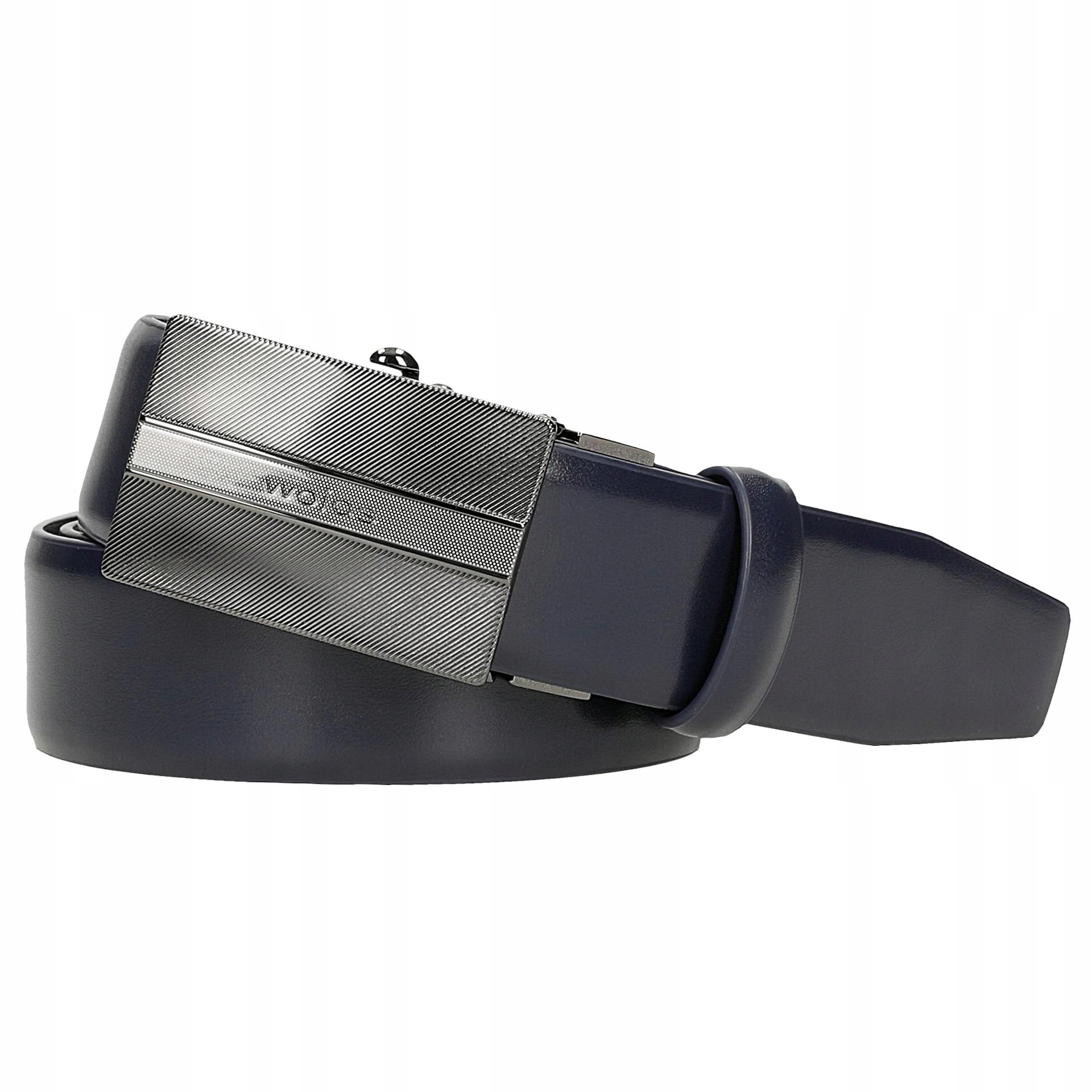 Pánský kožený pásek tmavě modré barvy s kovovou přezkou, vel. 110