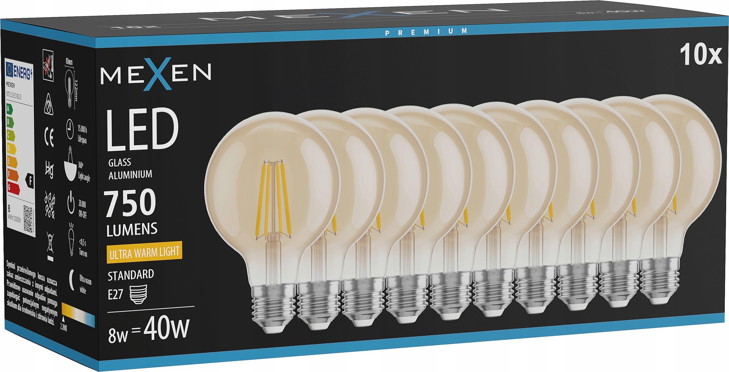 Mexen Vintis 10X Žárovka Filament Led E27 G80 8W Teplá 2200K 750 LM Amber