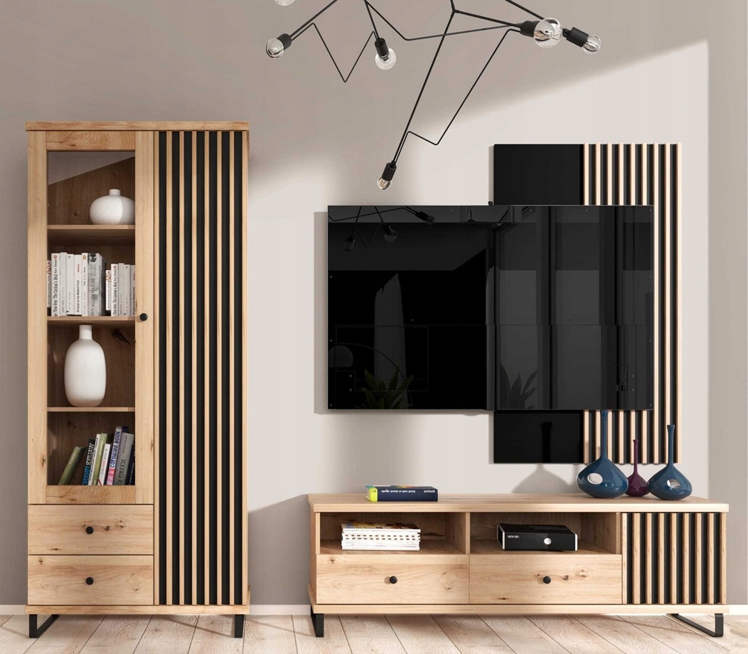 

meblościanka loft lamele zestaw rtv witryna Cali 4