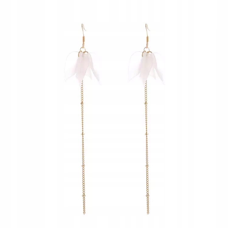 

Kolczyki złote długie łańcuszek kwiatek flo biały