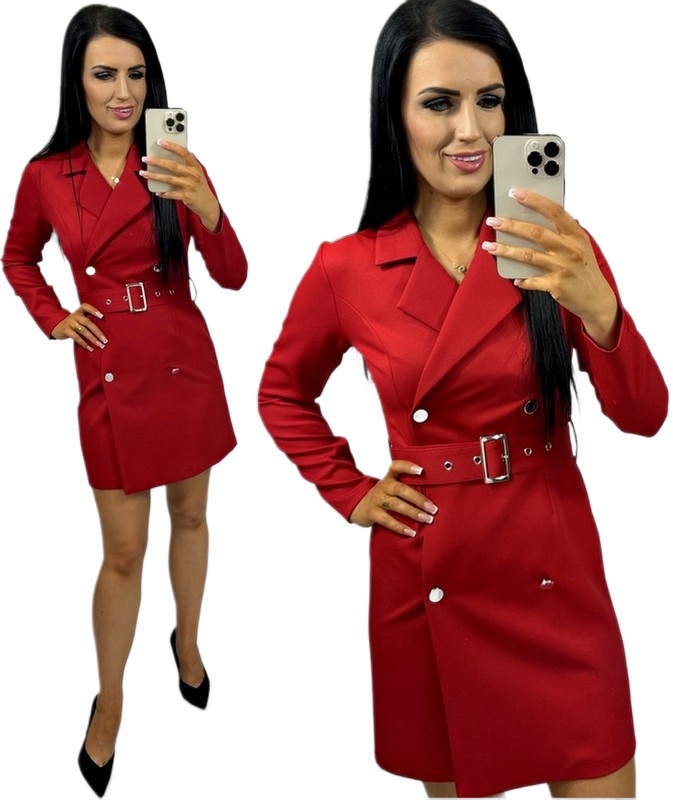 Šaty Kopertové Elegantní Dámské šaty Knoflík Pásek Červená M