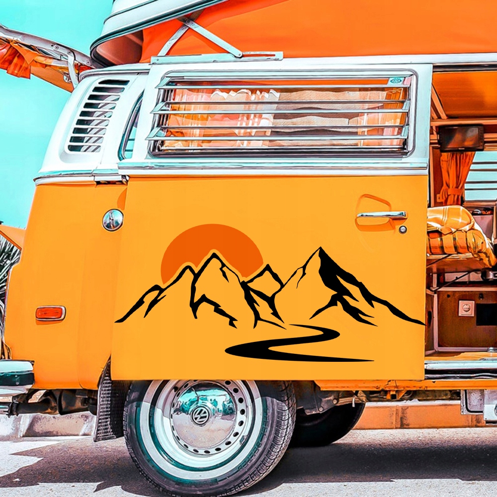 NAKLEJKA Grafika na Kamper Przyczepę GÓRY ZACHÓD SŁOŃCA DROGA SUN 90x204 Szerokość produktu 90 cm