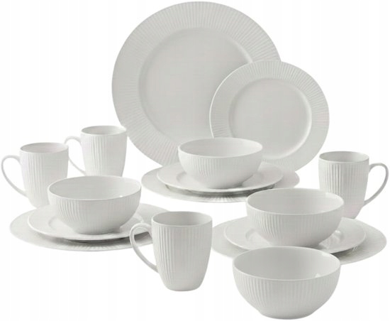16-dielny porcelánový obedový set, biely servis pre 4 osoby, taniere, ryhované