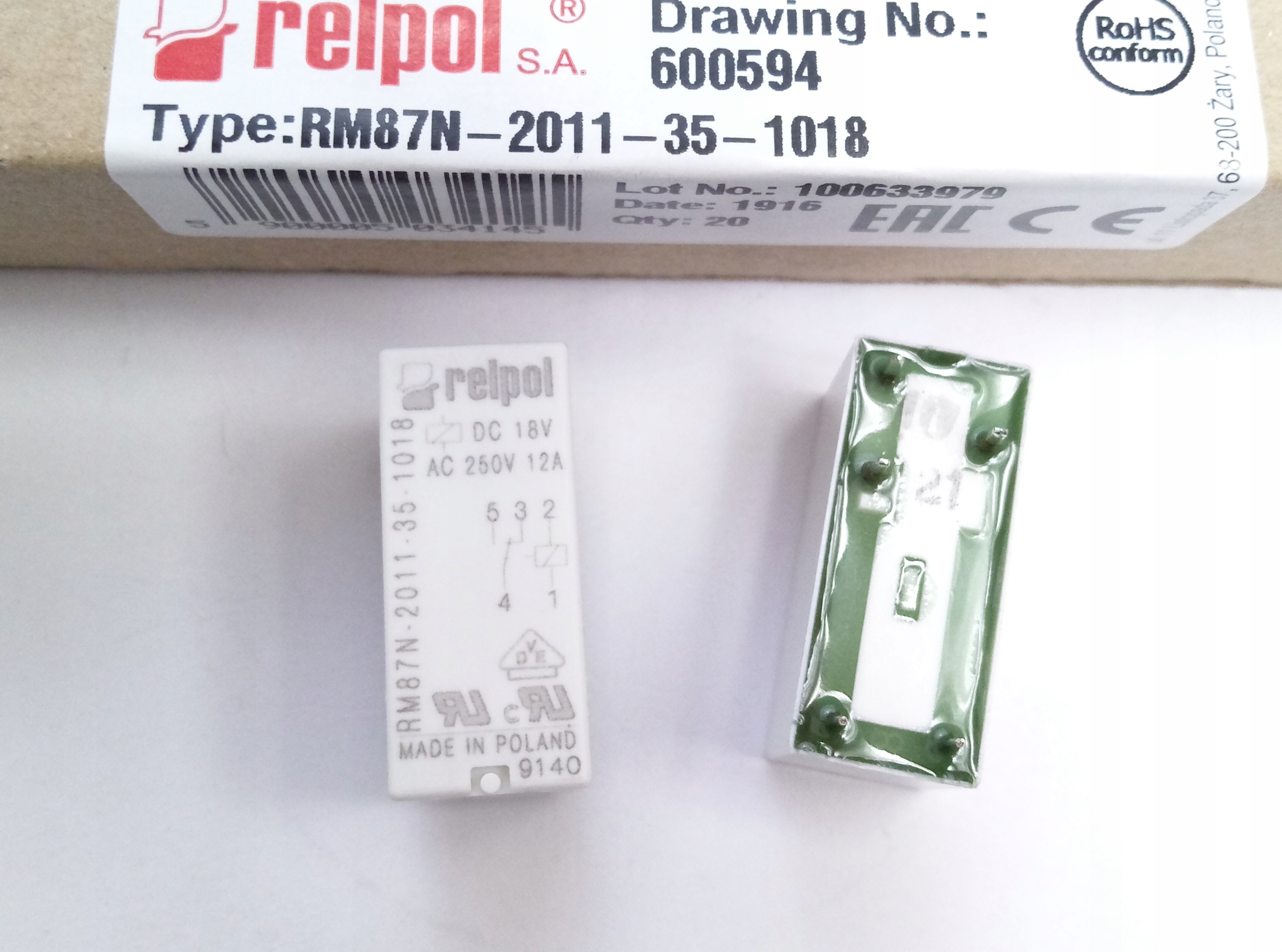 [1szt] Przekaźnik RM87N cewka 18V (od 12,6V do 45,9V) 1styk 12A przełączny