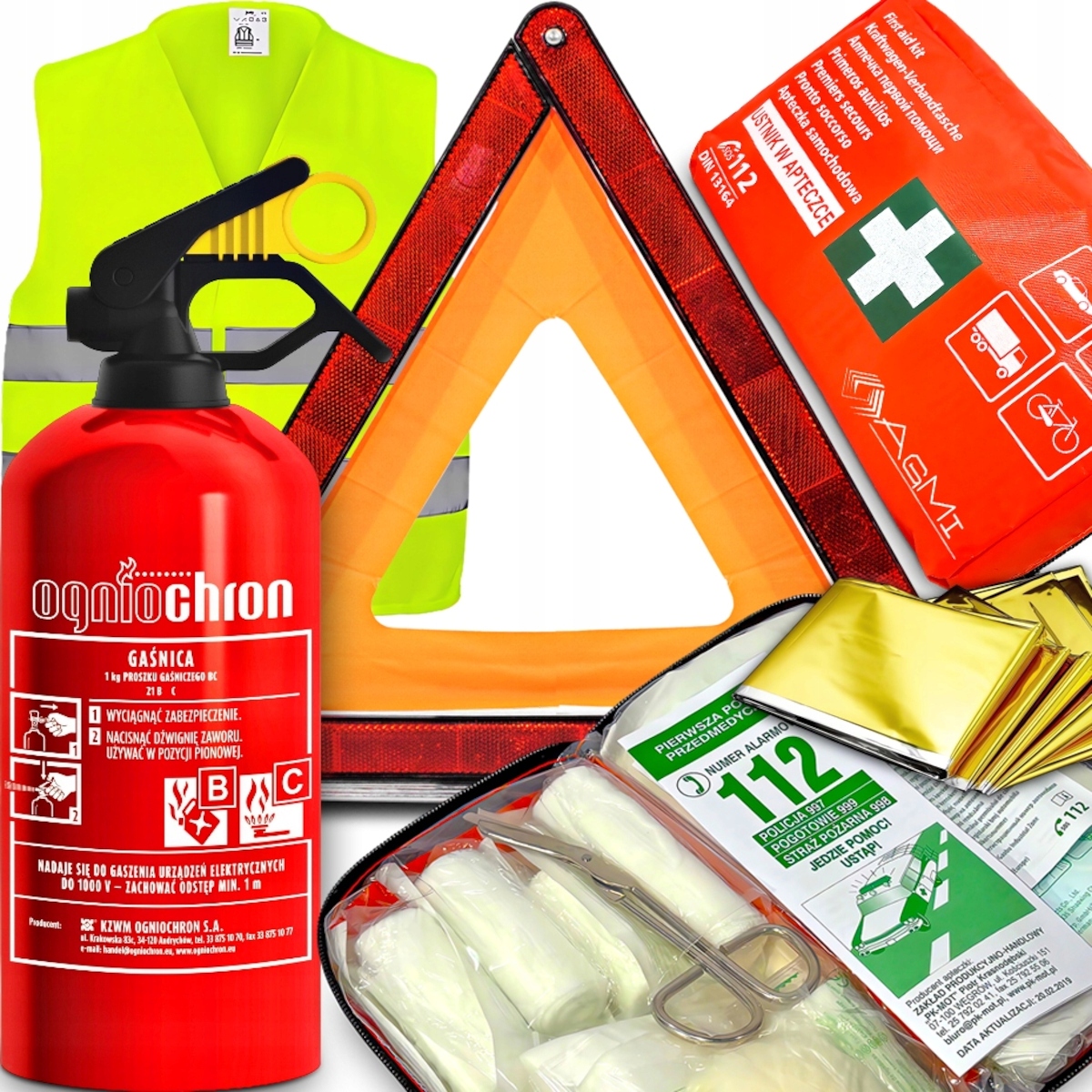 Kompletny Zestaw Na Przegląd Gaśnica 1KG Trójkąt Apteczka DIN13164 Kamizelk