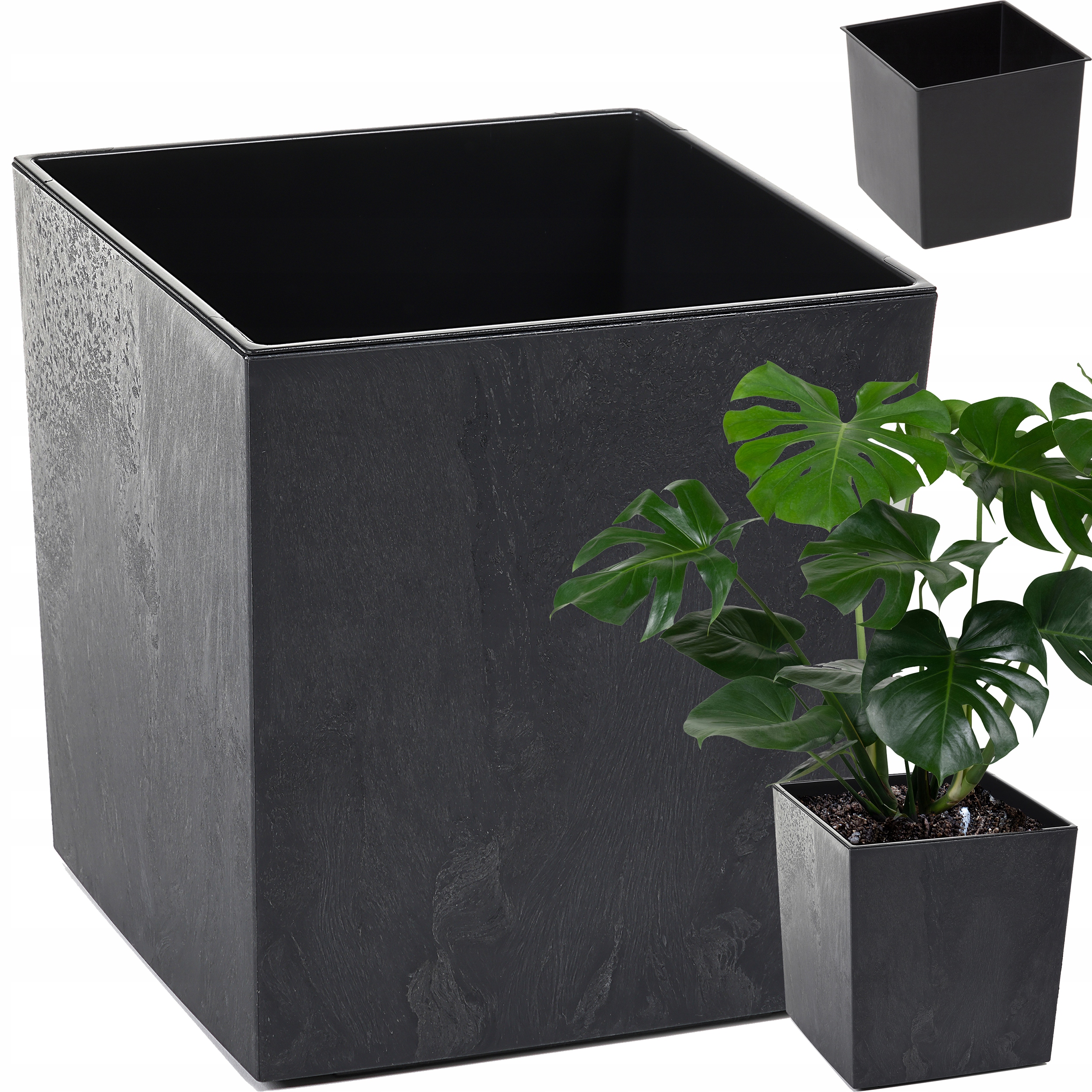 Donica Doniczka Ogrodowa Kwietnik Misa Czarny Połysk Beton Wkład 40x40 cm