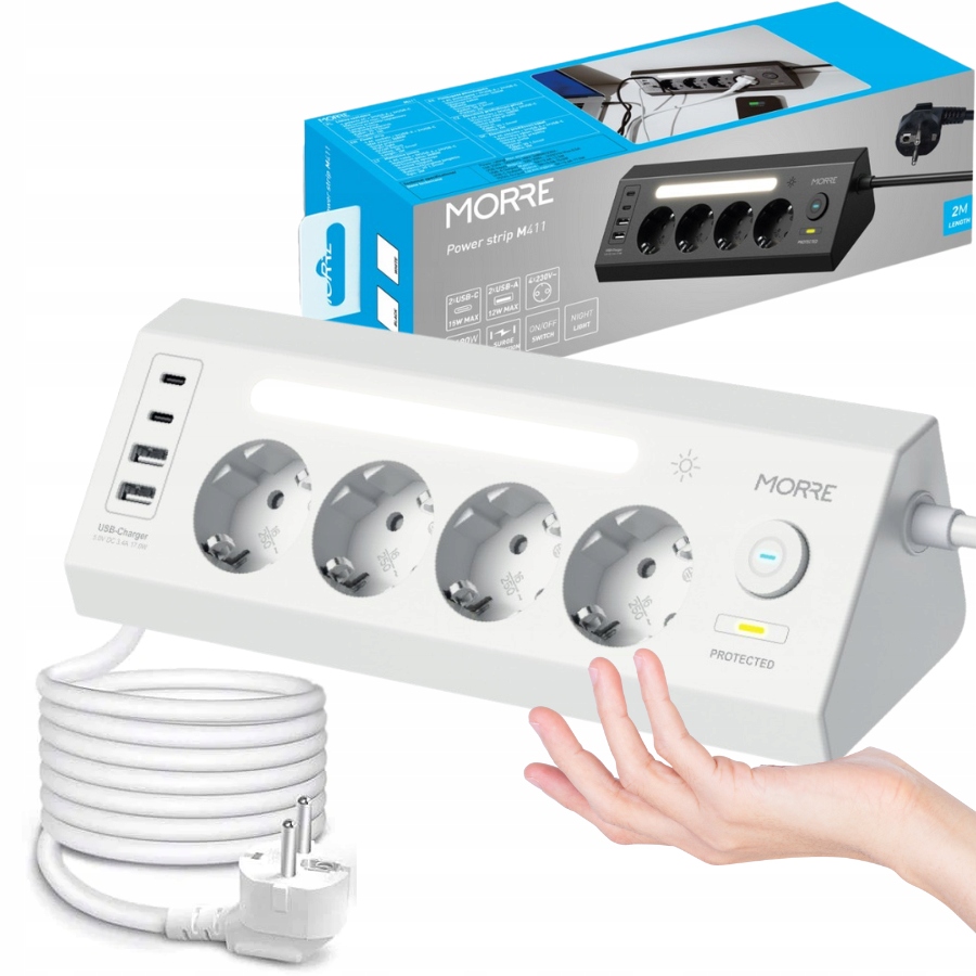 listwa zasilająca narożna 4xAC 2x Usb-a 2x Usb-c, lampa nocną, wyłącznik 2M