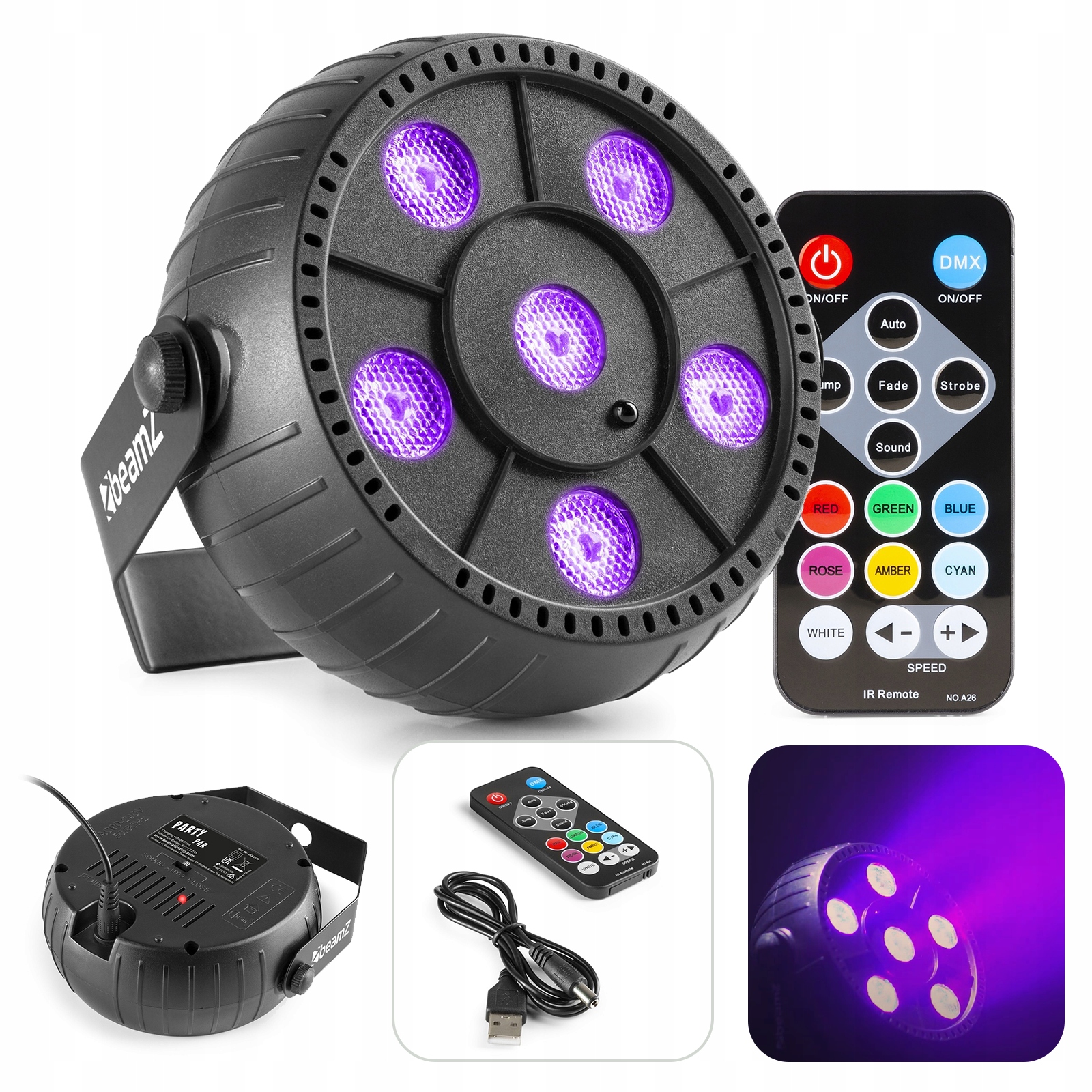 

Efekt świetlny Led ultrafiolet 6x1W pilot bateria