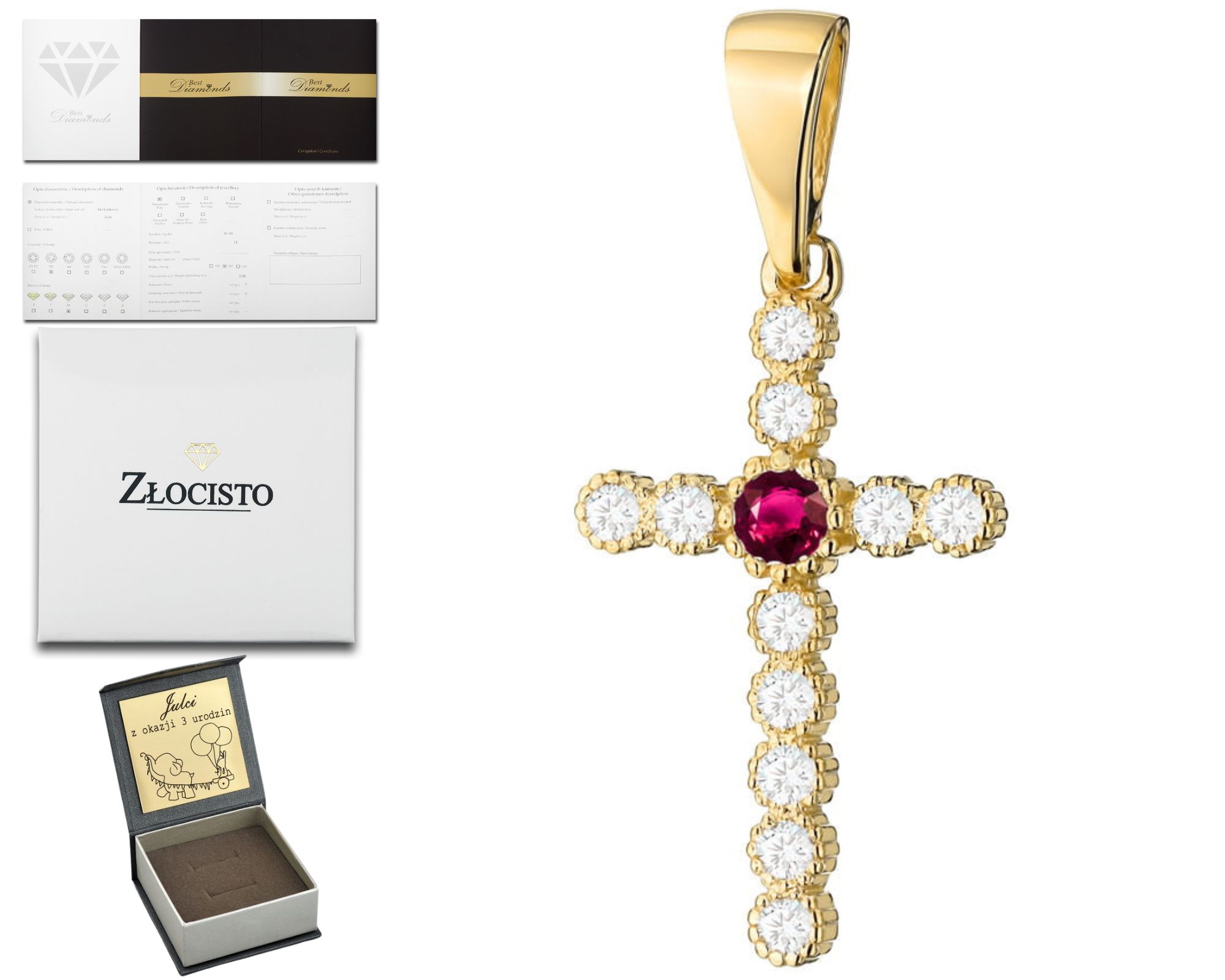 Zlatý Přívěsek Křížek S Rubínem A Diamanty Dárek 585 Gravírování