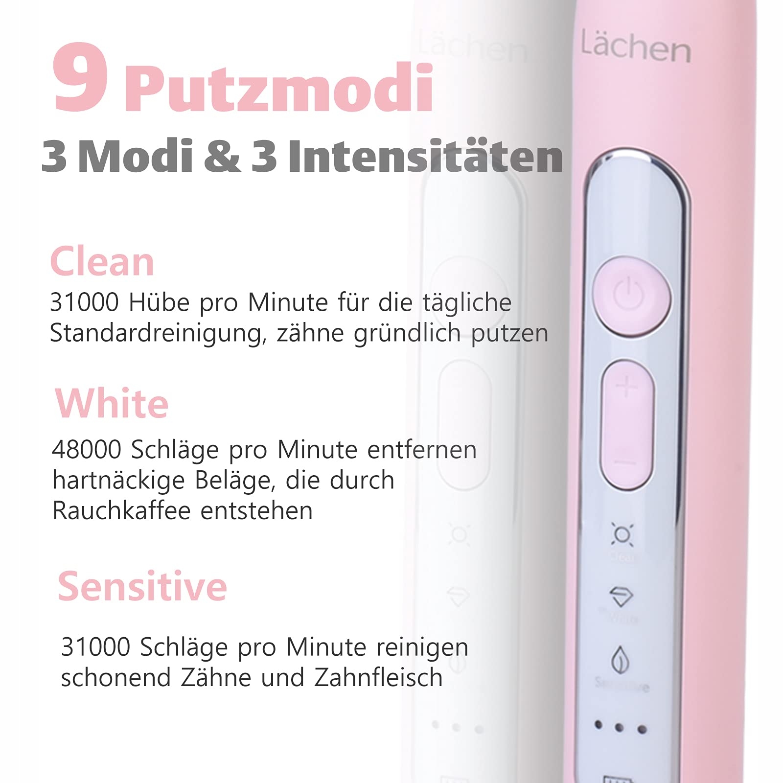 LÄCHEN Szczoteczka Soniczna Elektryczna 4 Końcówki Timer 3 Tryby Różowa — miniatura 3
