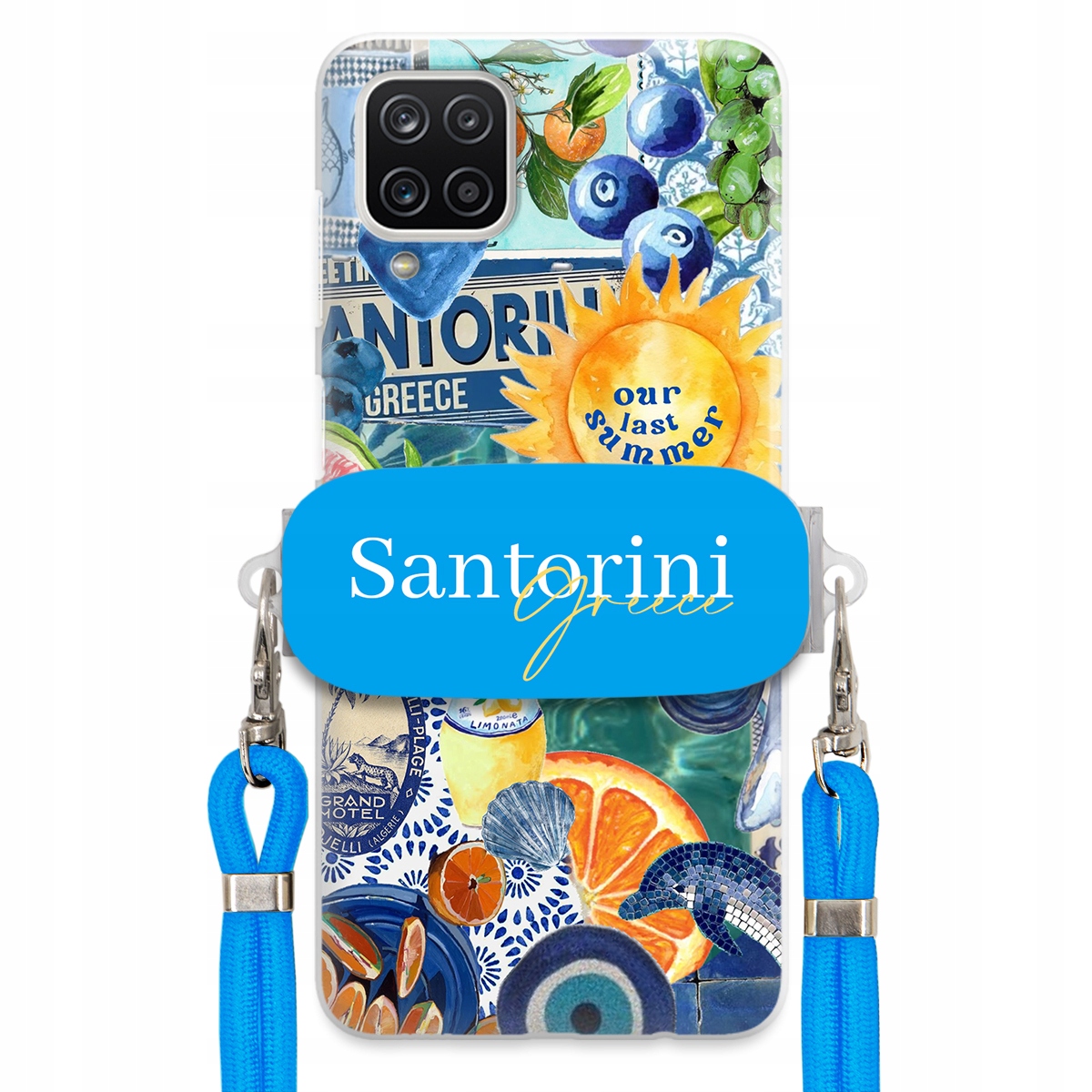 Pouzdro pro Samsung A12 5G Modré Crossbody vodítko držák Santorini Greece