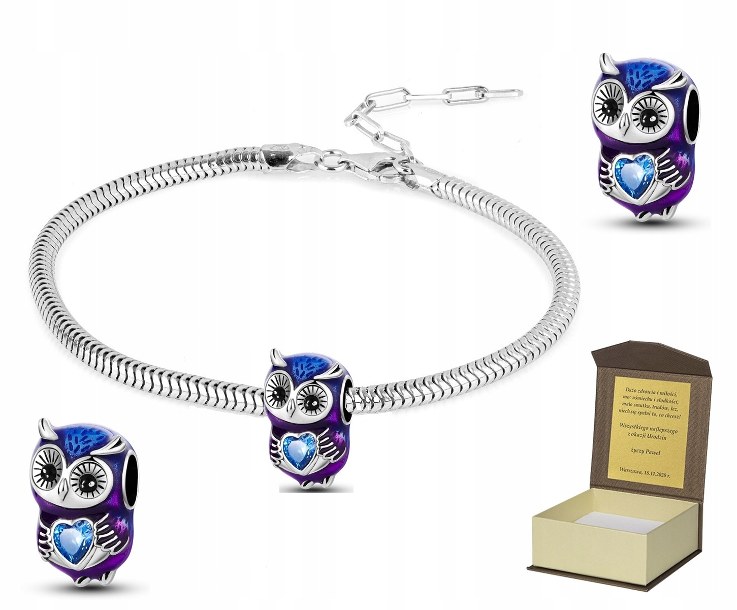 Stříbrný náramek 19-22 cm Charms Sova Sovička Srdce dárek BC357