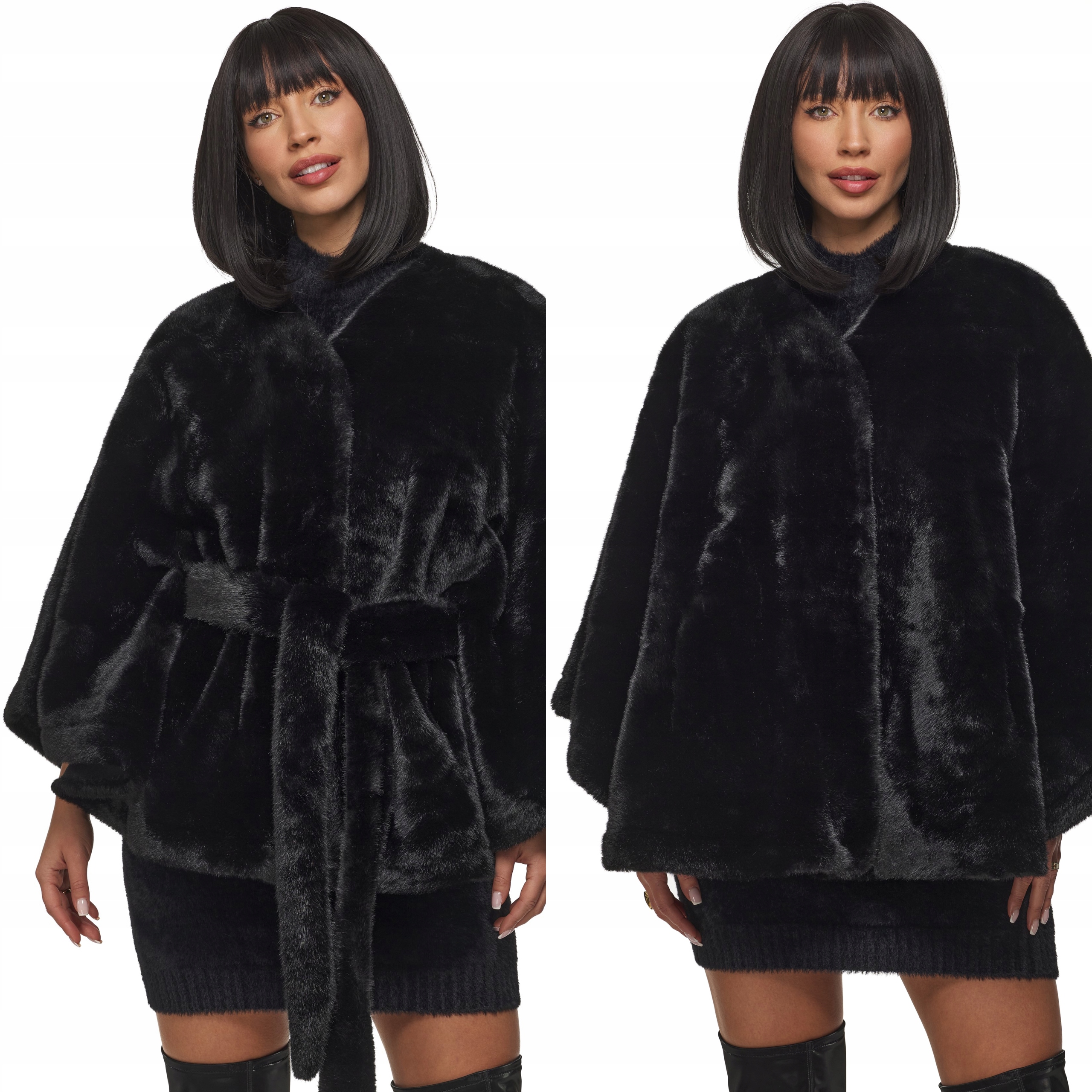 Dámské Pončo Elegantní kožešina bunda pláštěnka přehoz bolerko černé