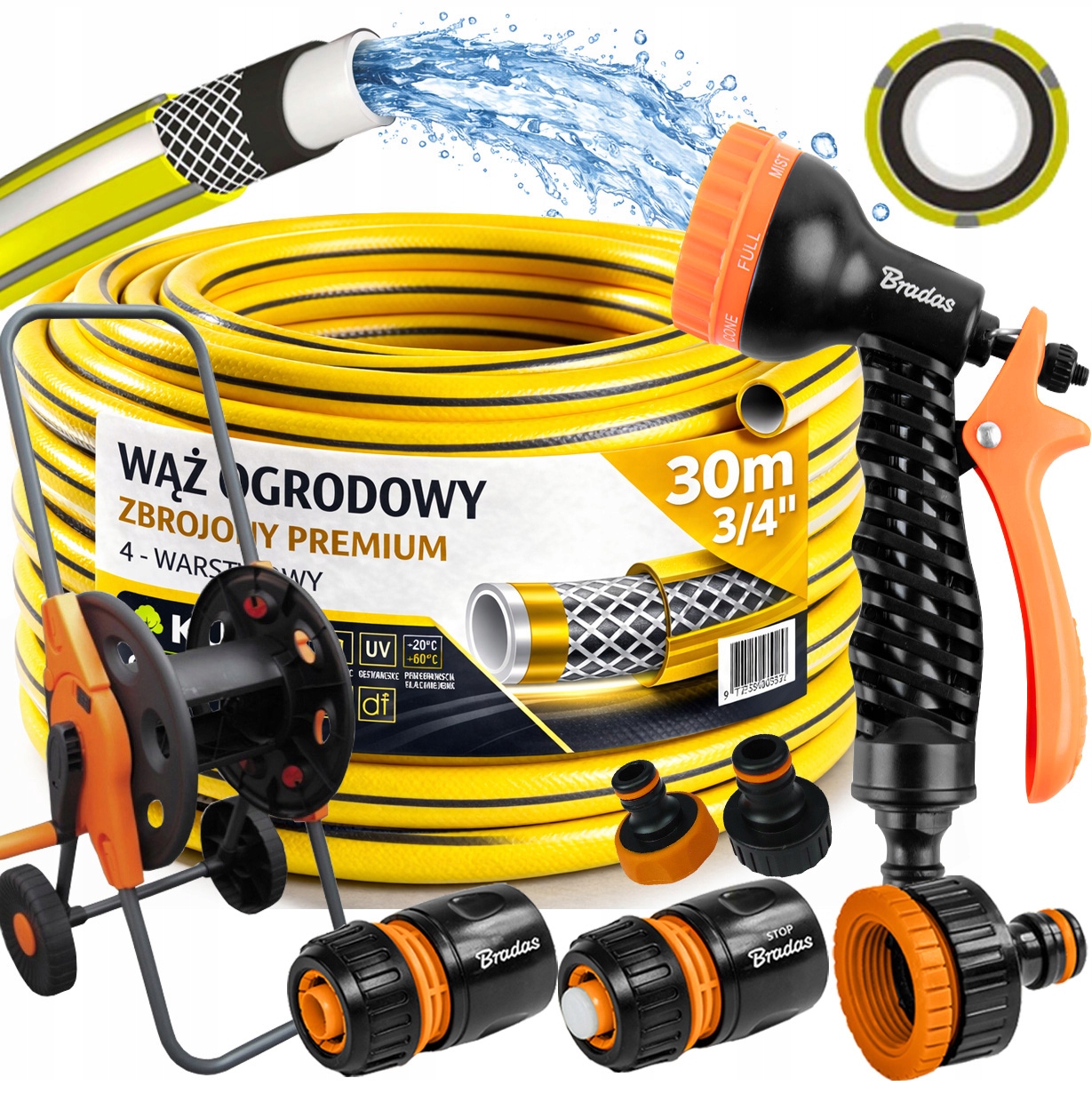 Hadice 3/4" 30 m 4 Vrstvy Premium Pistole Vozík Set Bradas