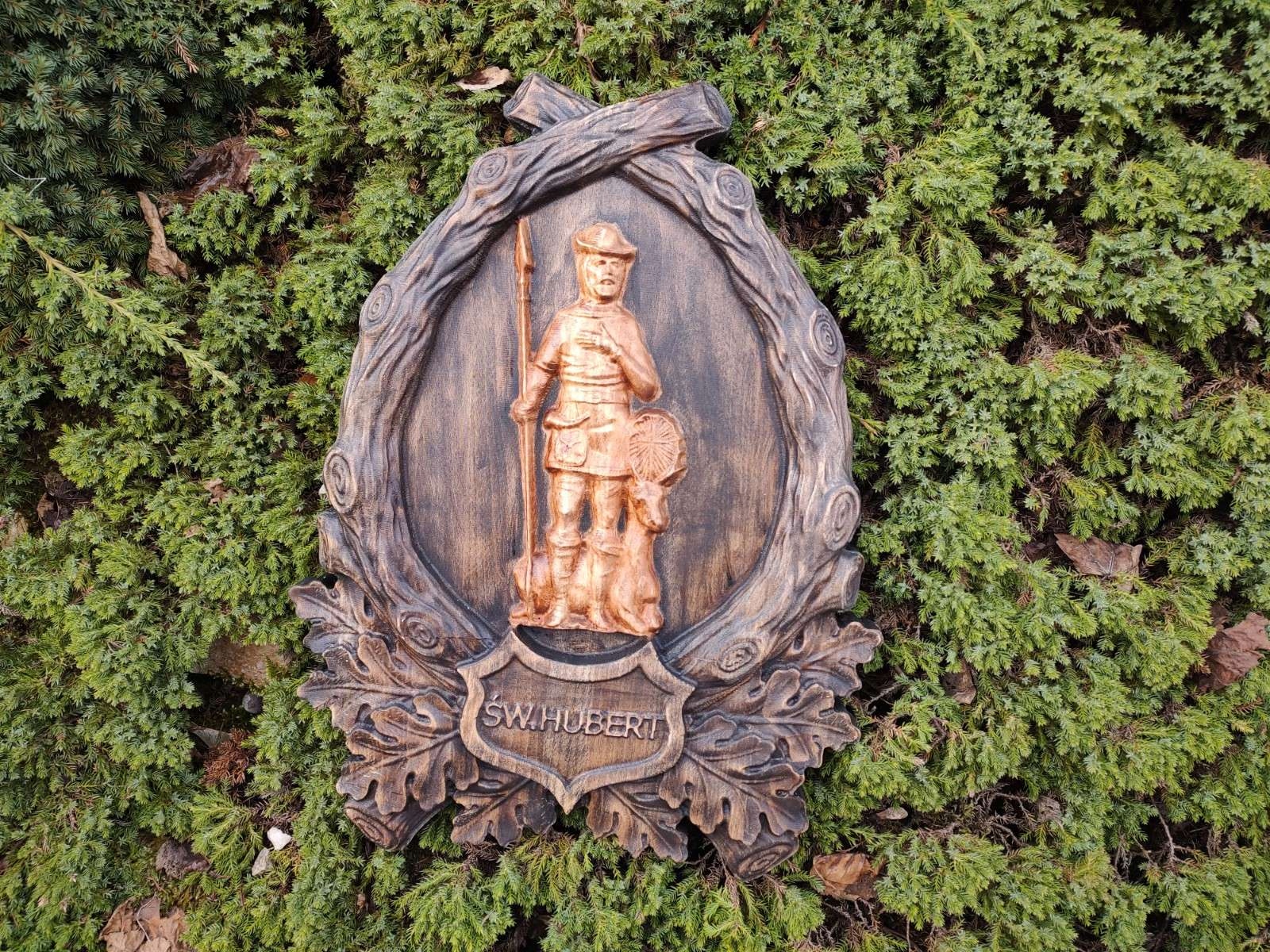 Obraz reliéf Huberta Św.Hubert dřevěný dárek pro myslivce 40cm