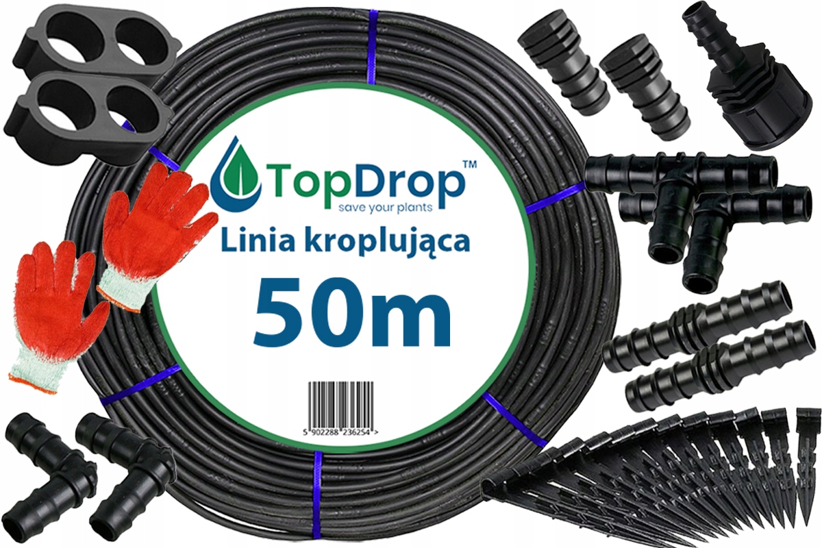 LINIA KROPLUJĄCA NAWADNIAJĄCA DO TUNELU 50m + ZŁĄCZKI SZPILKI AKCESORIA
