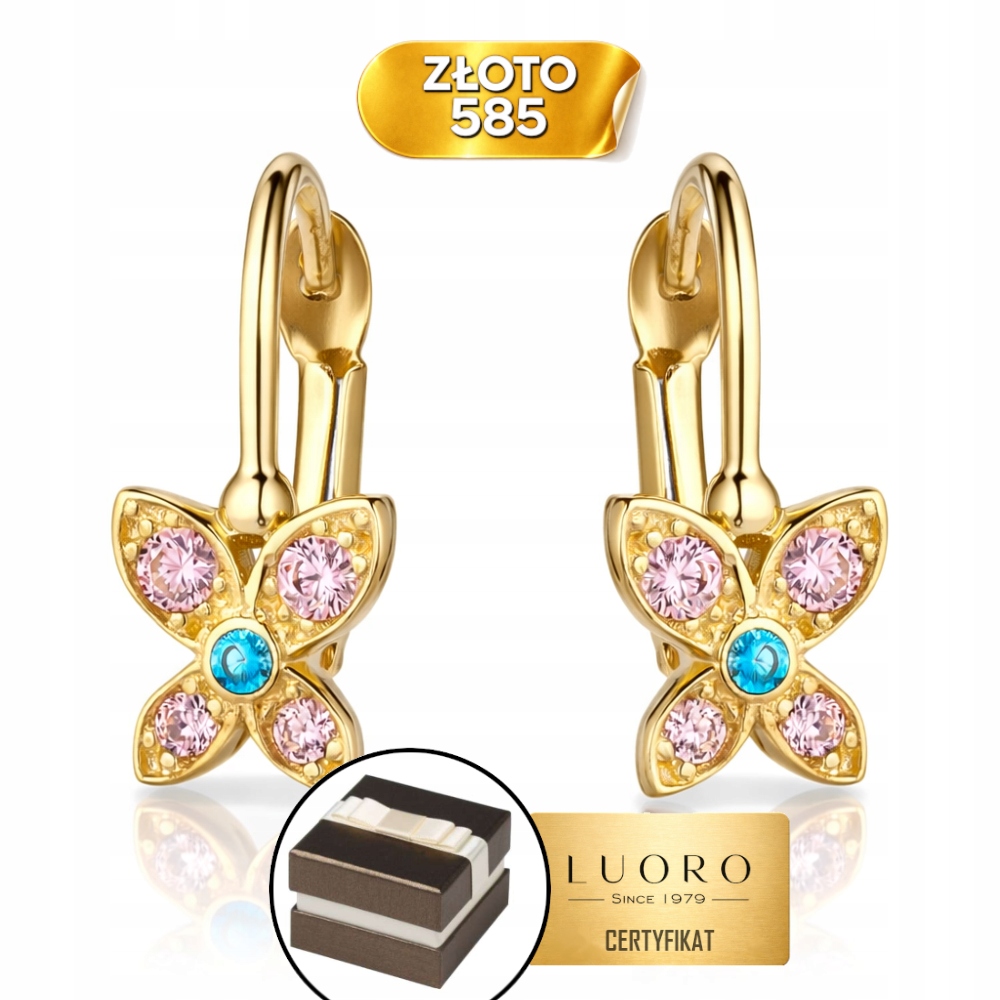 Náušnice Zlaté 585 14K Květinka S Barevnými Kameny 14 MM Anglické