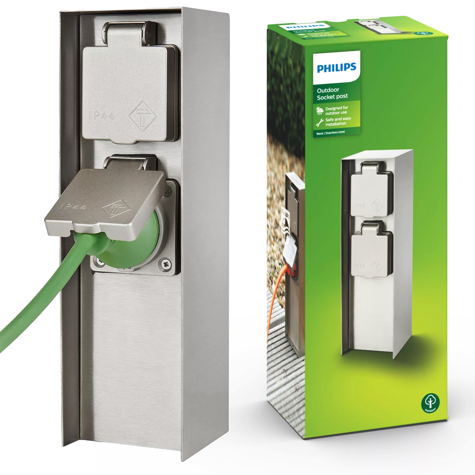 Elektrický zahradní sloupek 2x zásuvka Schuko 230V IP44 Ocel Philips Rock