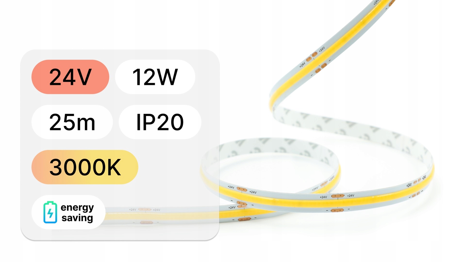 25mb Led Páska 24V Cob 12W 480LED IP20 3000K 130lm/W 10mm