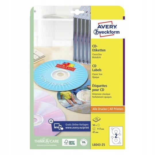 

Etykiety na płyty CD Avery 25xA4 śr.117mm białe