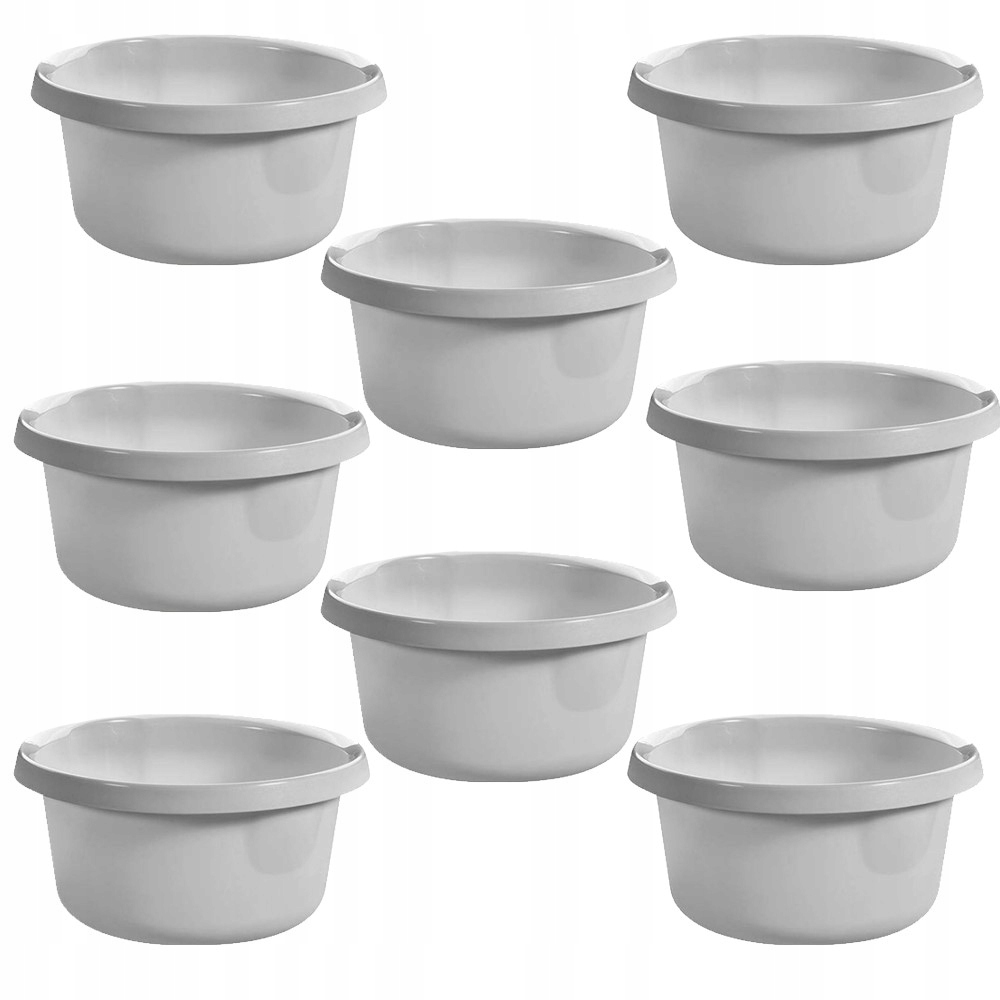 8 kusů Plastová miska do koupelny Světle šedá 4 l Kulatá 26 cm