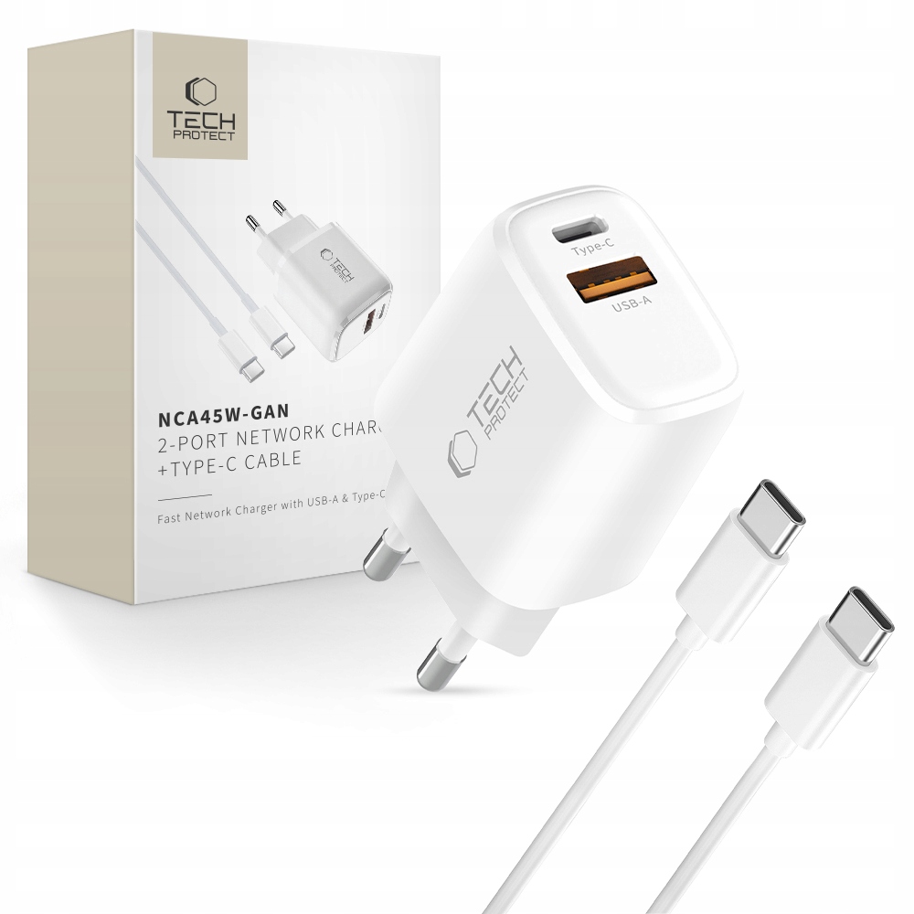 Tech- Protect NCA45W- Gan 2- Port Network Charger Pd 45W QC3. 0 Type- C