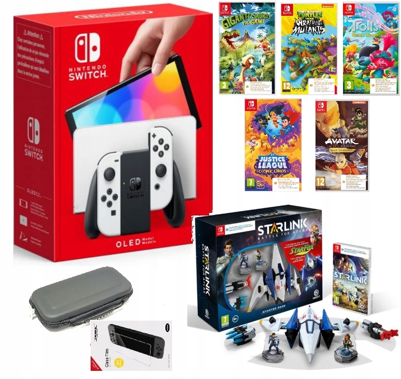 Zestaw Nintendo Switch Oled 64GB Biała Etui Szkło 6 Gier Dla Dzieci