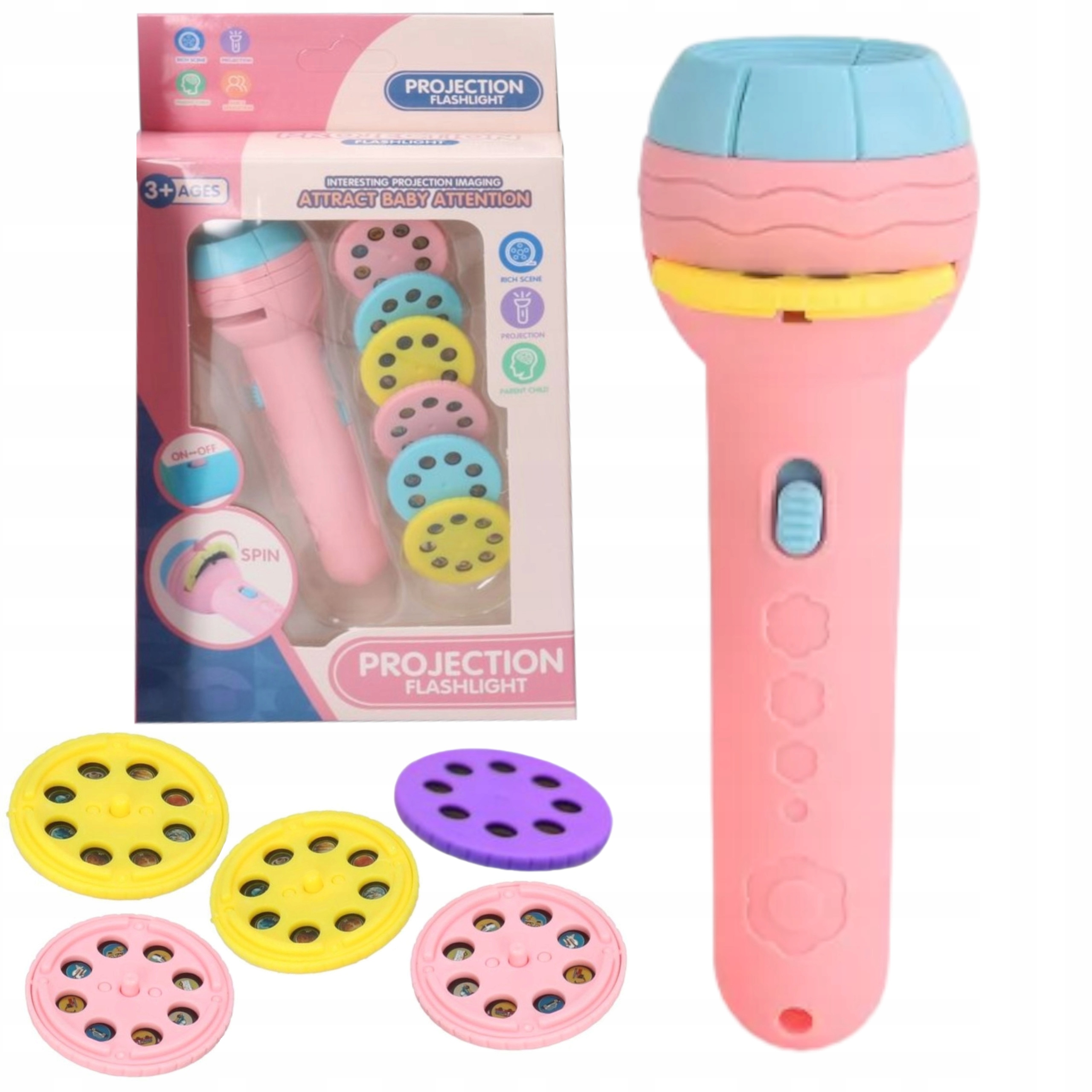 Projektor mini ręczny latarka 2 w 1 różowy dla dzieci 7606R
