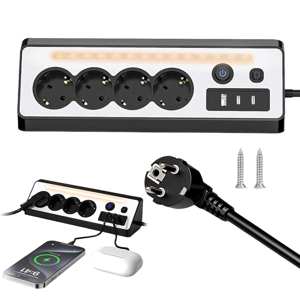 Prodlužovací Kabel 4 Zásuvky 1,5 m Usb Nabíječka 2xTYP-C Bílá Zásuvková Lišta Led