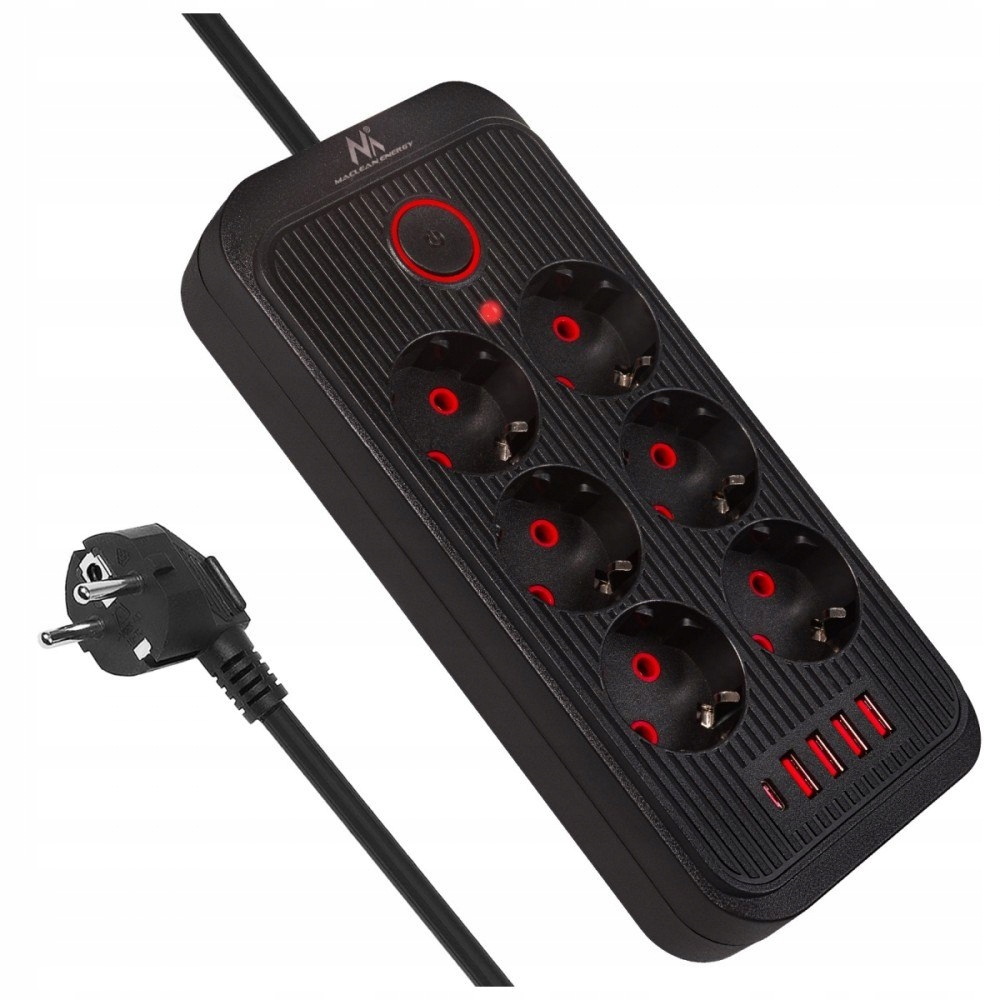 Maclean Listwa zasilająca MCE389 B 6 gniazd 4xUSB-A, 1xUSB-C 110-240V Ac 50