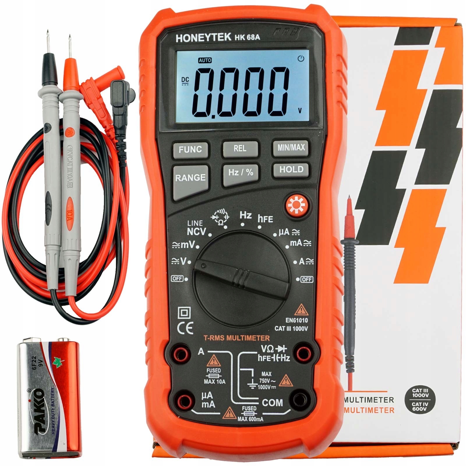 Digitální multimetr Honeytek HK68A 4000 počítadel Cat III 1000V hFE Ncv