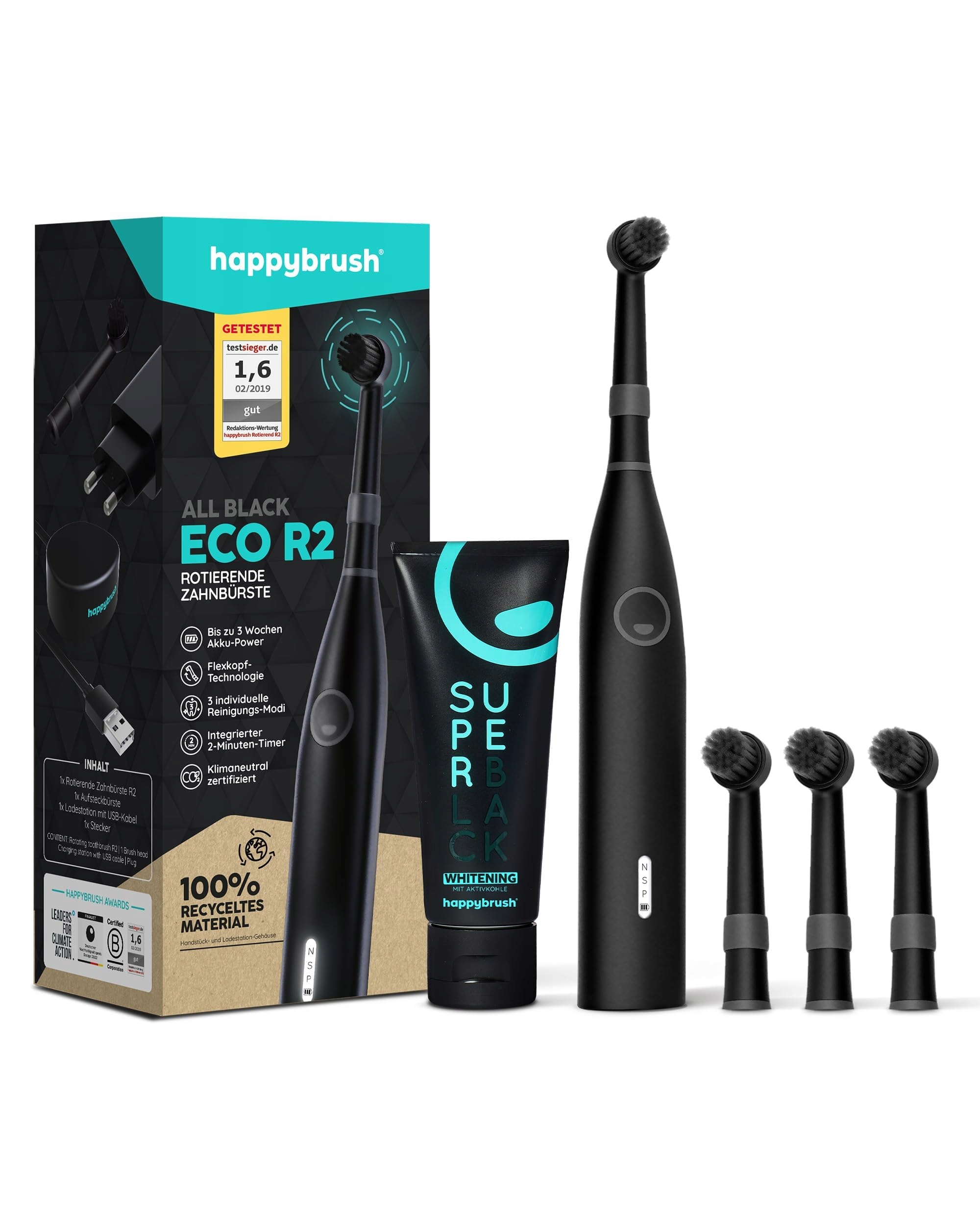 HAPPYBRUSH Szczoteczka Elektryczna Eco R2 Z Akumulatorem 3 Końcówki