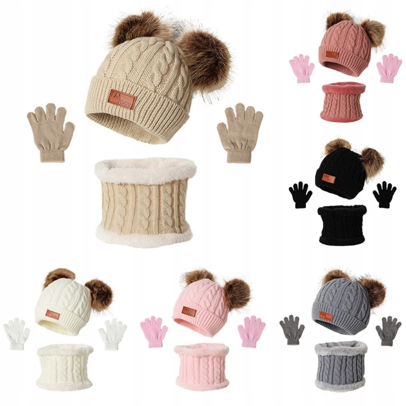 RIRI 3 Pcs Winter Warm Baby Solid Color Woolen Hat Gloves Scarf Set Double Rodzaj jednopalczaste