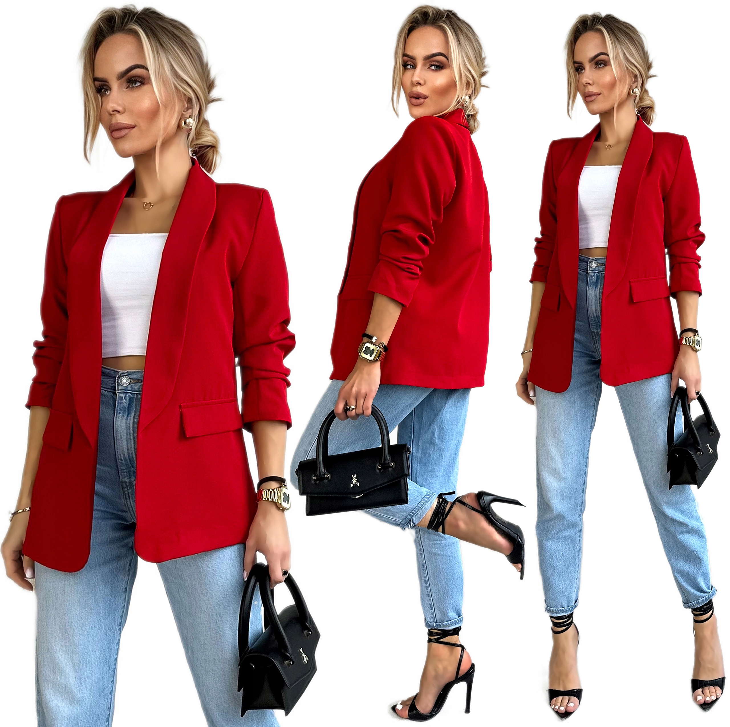 Czerwona Marynarka Damska Żakiet drapowane rękawy podszewka 44