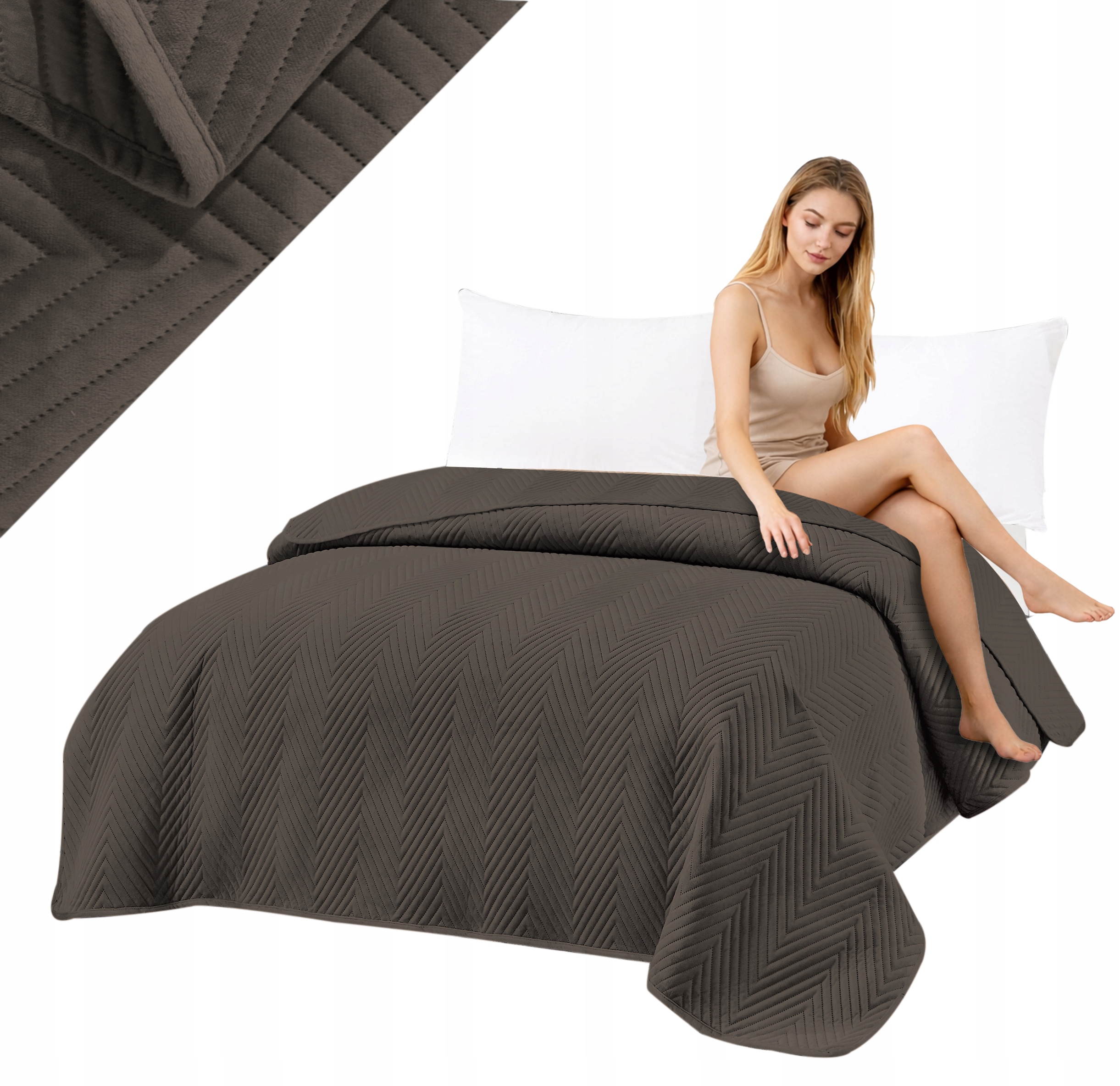 Narzuta 220x240 Na Łóżko Welurowa Brązowa Pikowana Jodełka