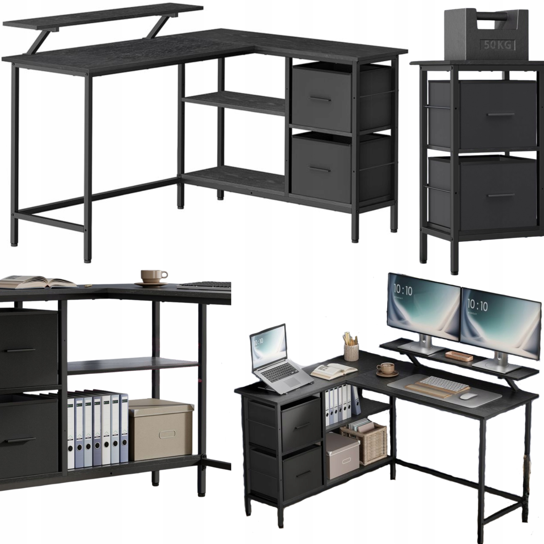 Rohový herný stôl Čierny s zásuvkami a policami Počítačový stôl