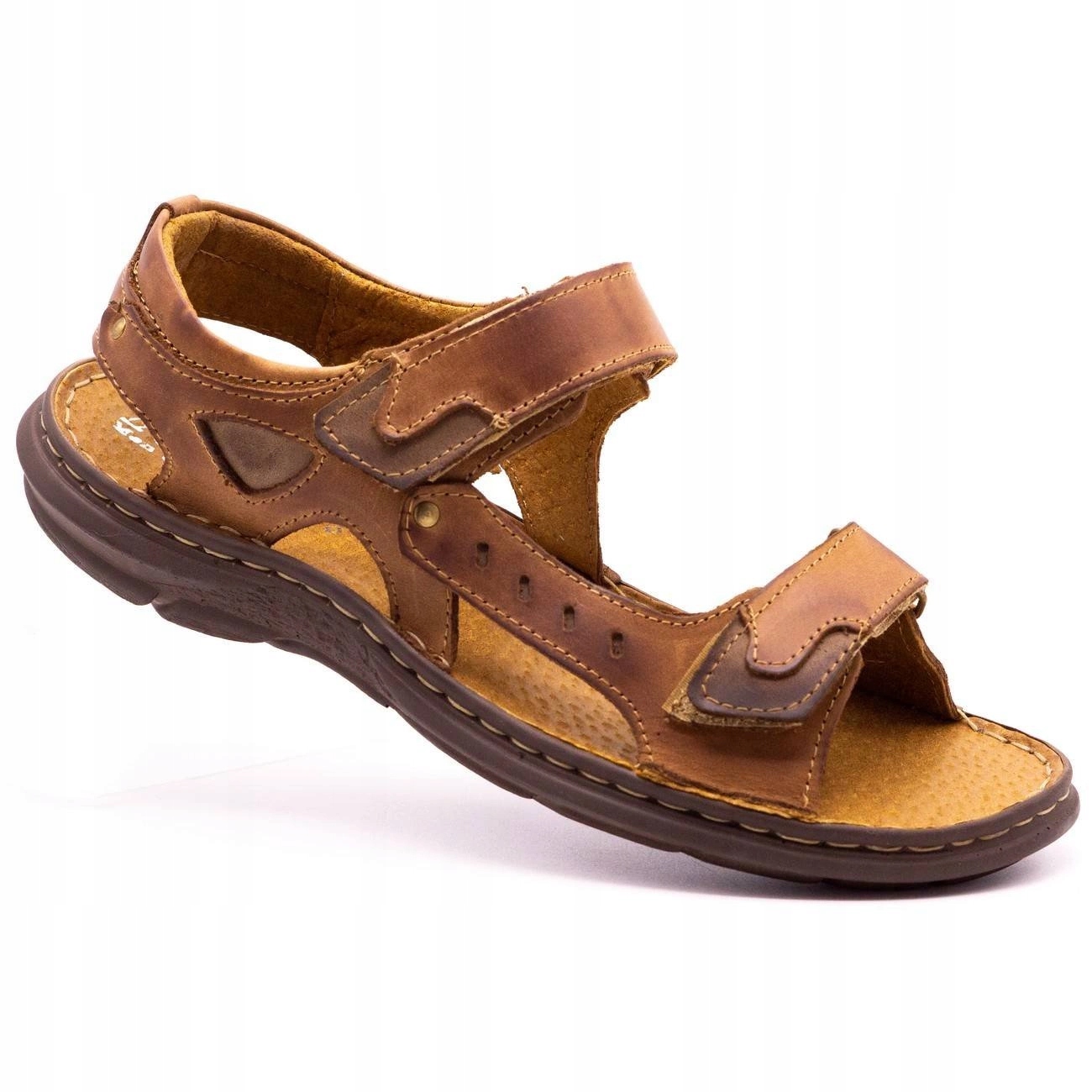 Pánské kožené sandály polské na na suchý zip na léto 277, hnědá barva, camel 45