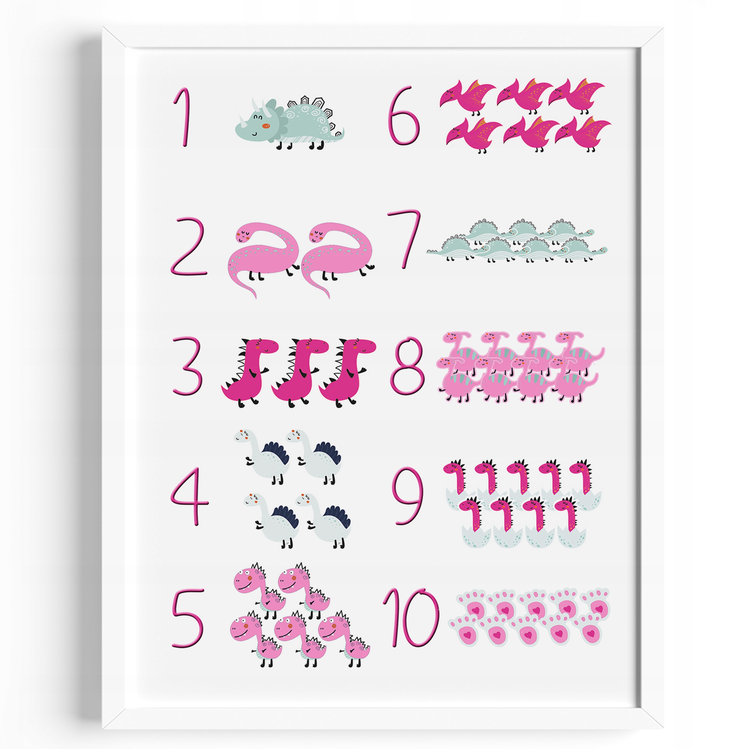 

Plakat Edukacyjny Dinozaury Cyfry różowy Ramka A3