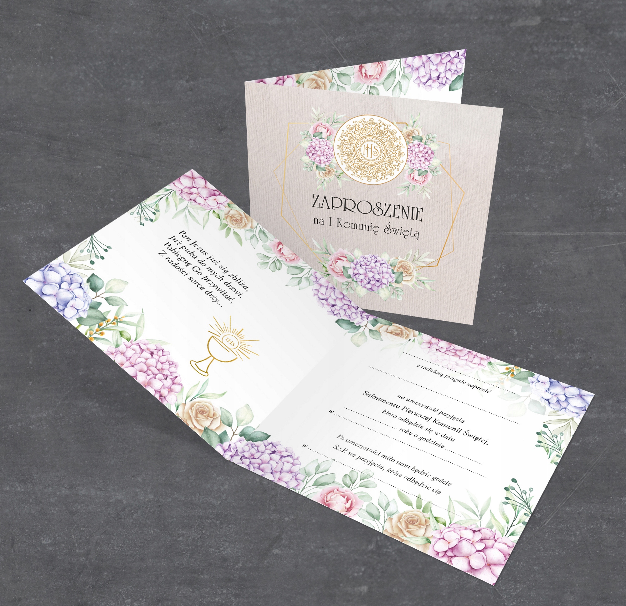 ZAPROSZENIA na KOMUNIĘ z kopertą Perłowe 10 SZTUK Szerokość produktu 14 cm