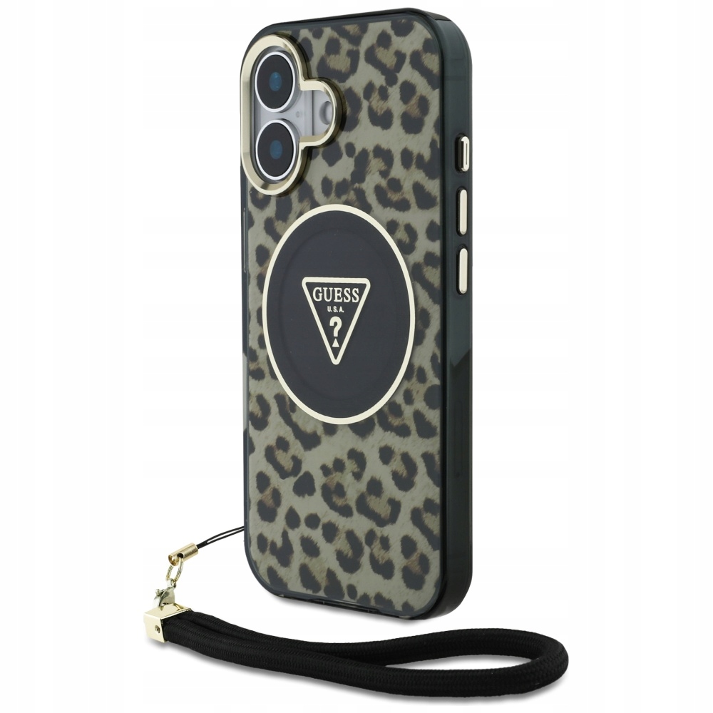 Pouzdro Guess Hc IML Leopard Triangle Cord Strap pro iPhone 16 MagSafe, hnědé