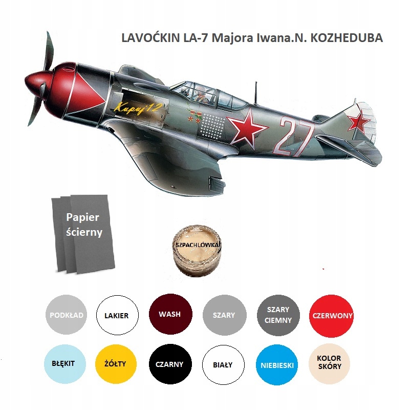Model samolotu LA-7 ZESTAW: PODKŁAD, LAKIER+FARBY+WASH+TAŚMA MASKUJĄCA