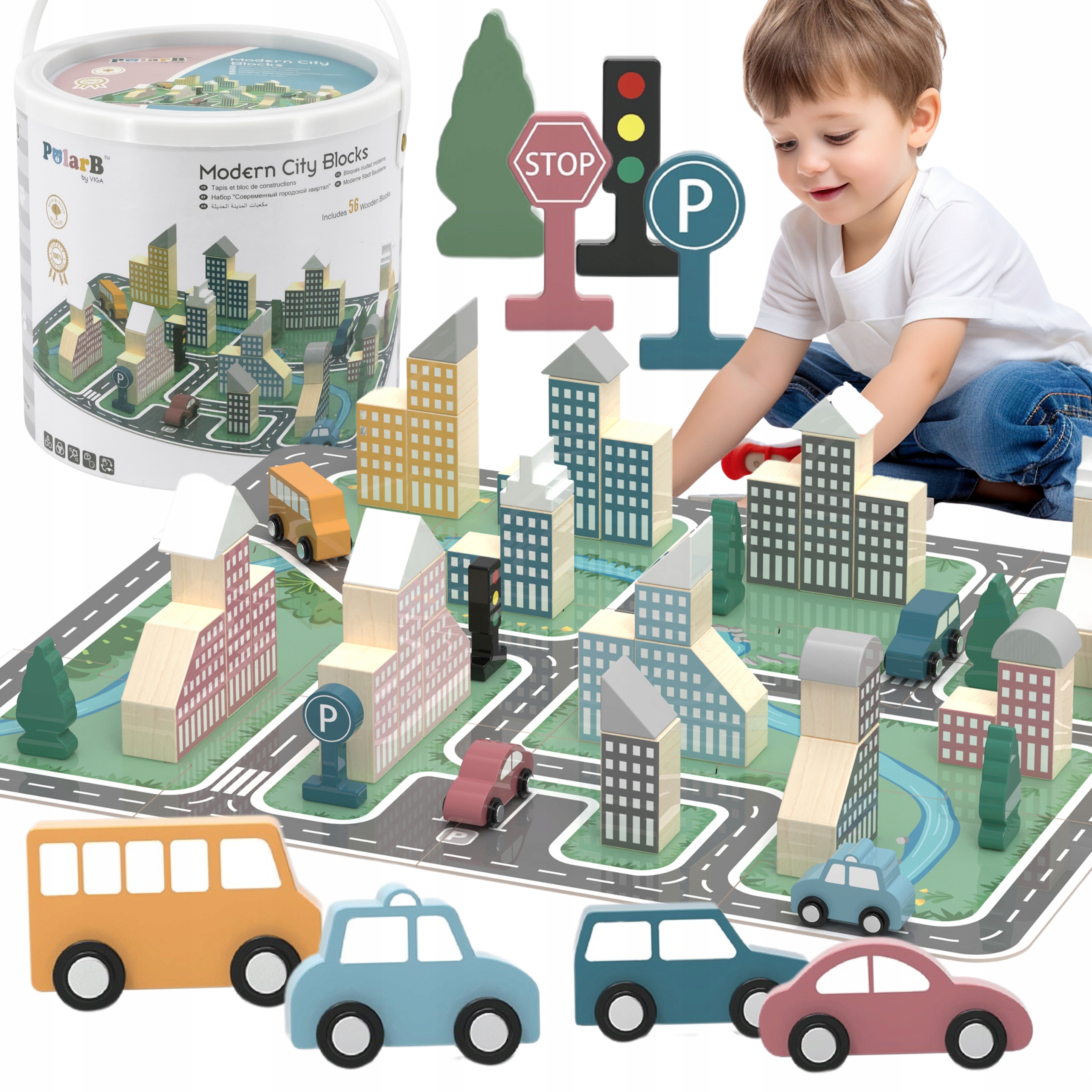 KLOCKI DREWNIANE W WIADERKU SAMOCHODZIKI BUDYNKI MIASTO MAKIETA VIGA POLARB