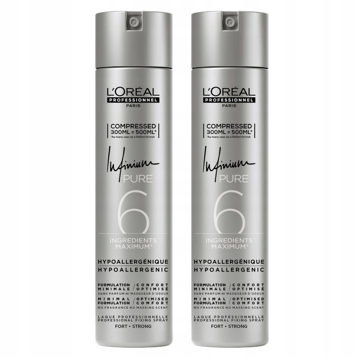 L'Oréal Infinium Pure Strong neprašný lak na vlasy silný 2 x 300 ml