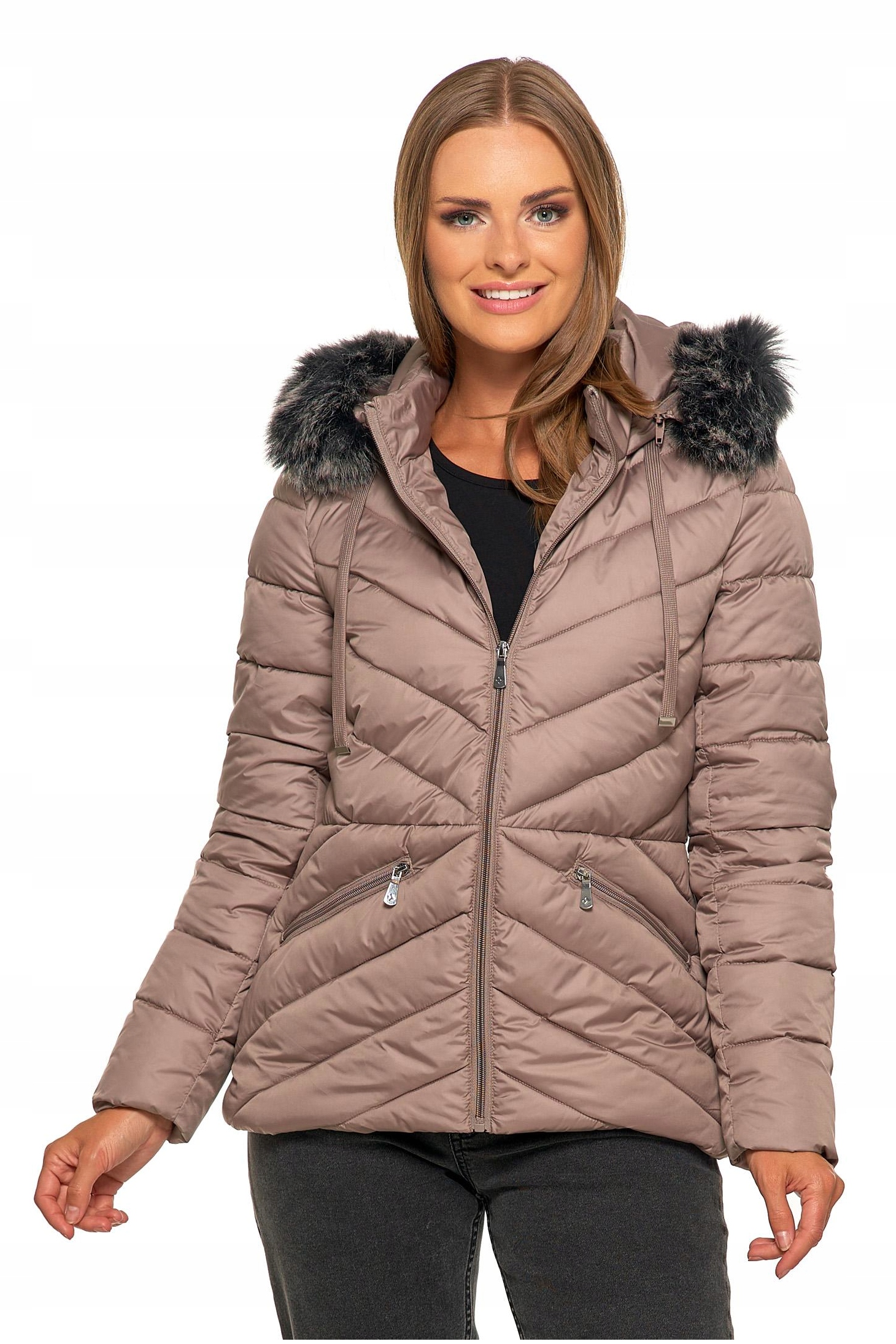 Dámská Prošívaná Bunda Kožešinová Kapuce Přechodná na podzim Moraj M