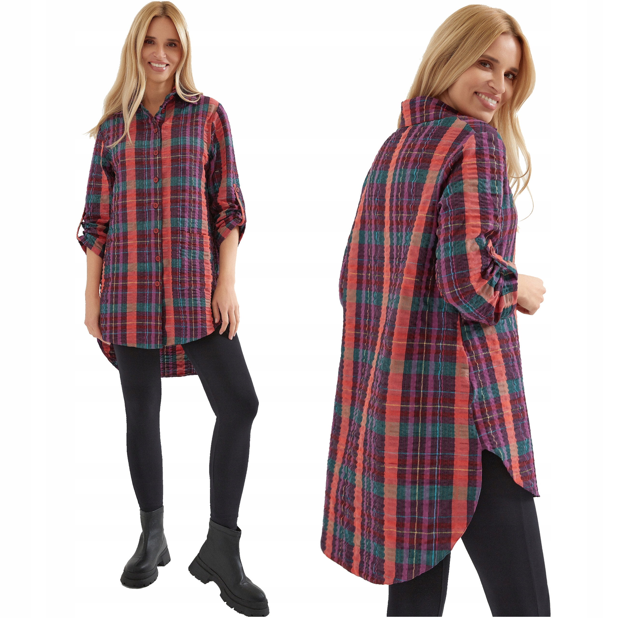 Dámská košile s bavlněnou mřížkou Dlouhá tunika s mřížkou Volná Oversize