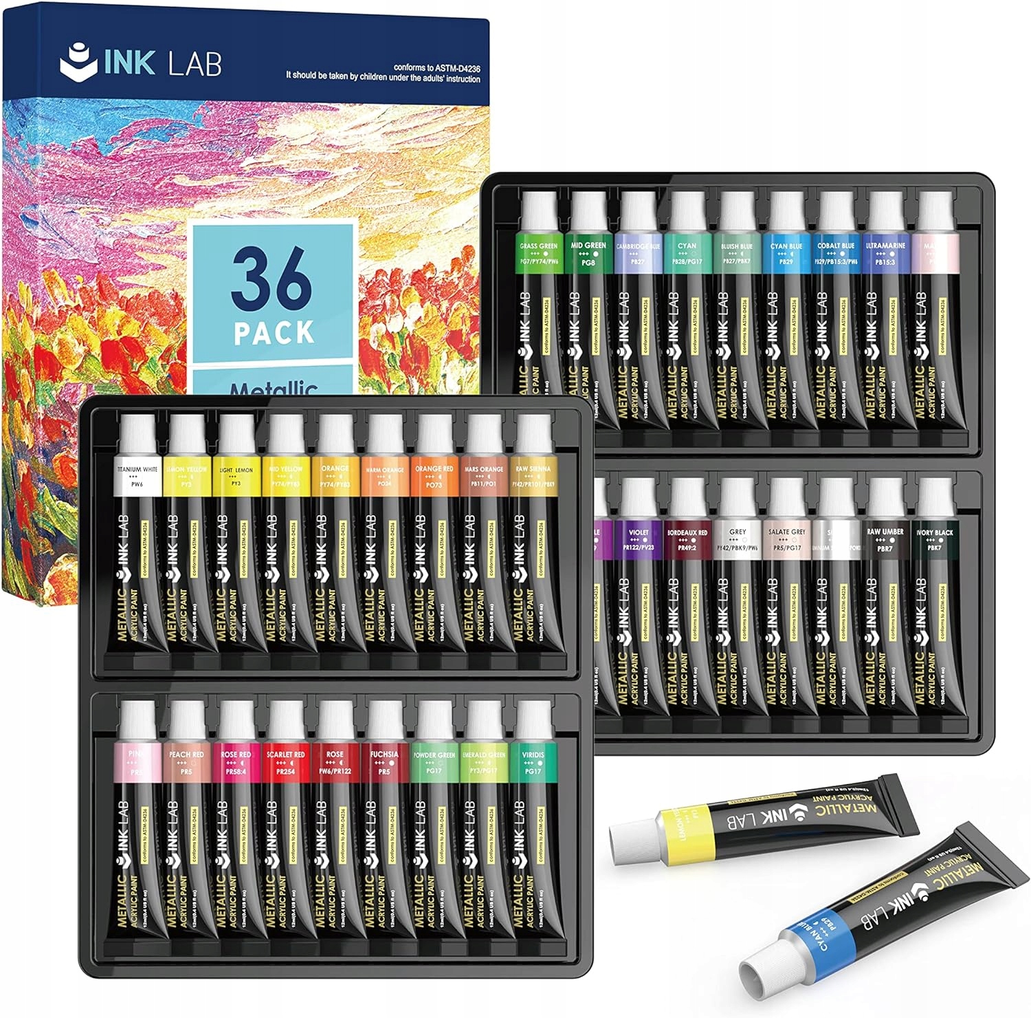 Akrylové Barvy Sada 36 Kusů Netoxické Metalické 36X12ML Premium