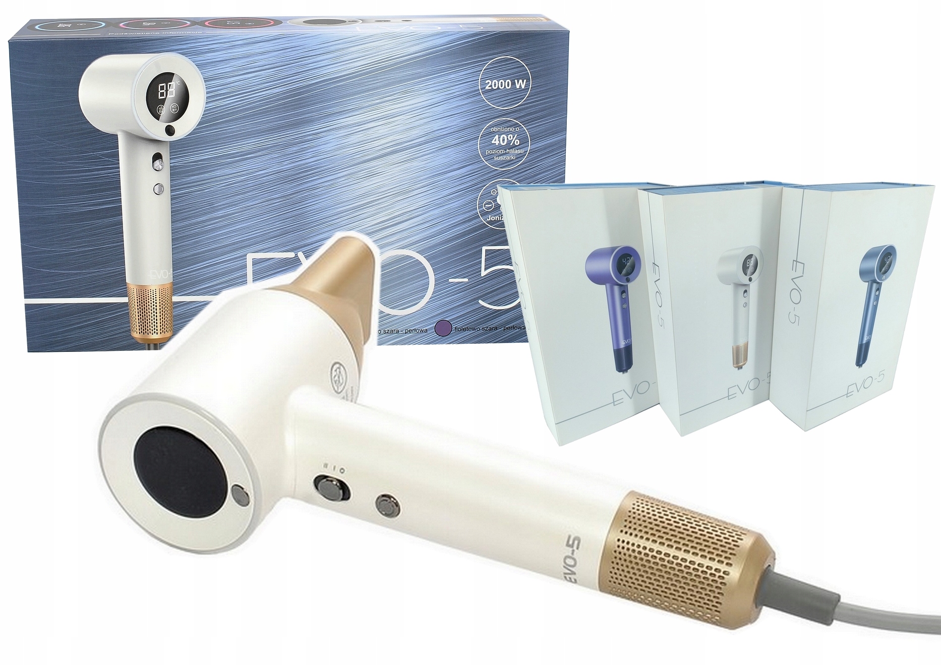 EVO-5 suszarka do włosów z jonizacją 2000W profesjonalna 200mln jonów Biała