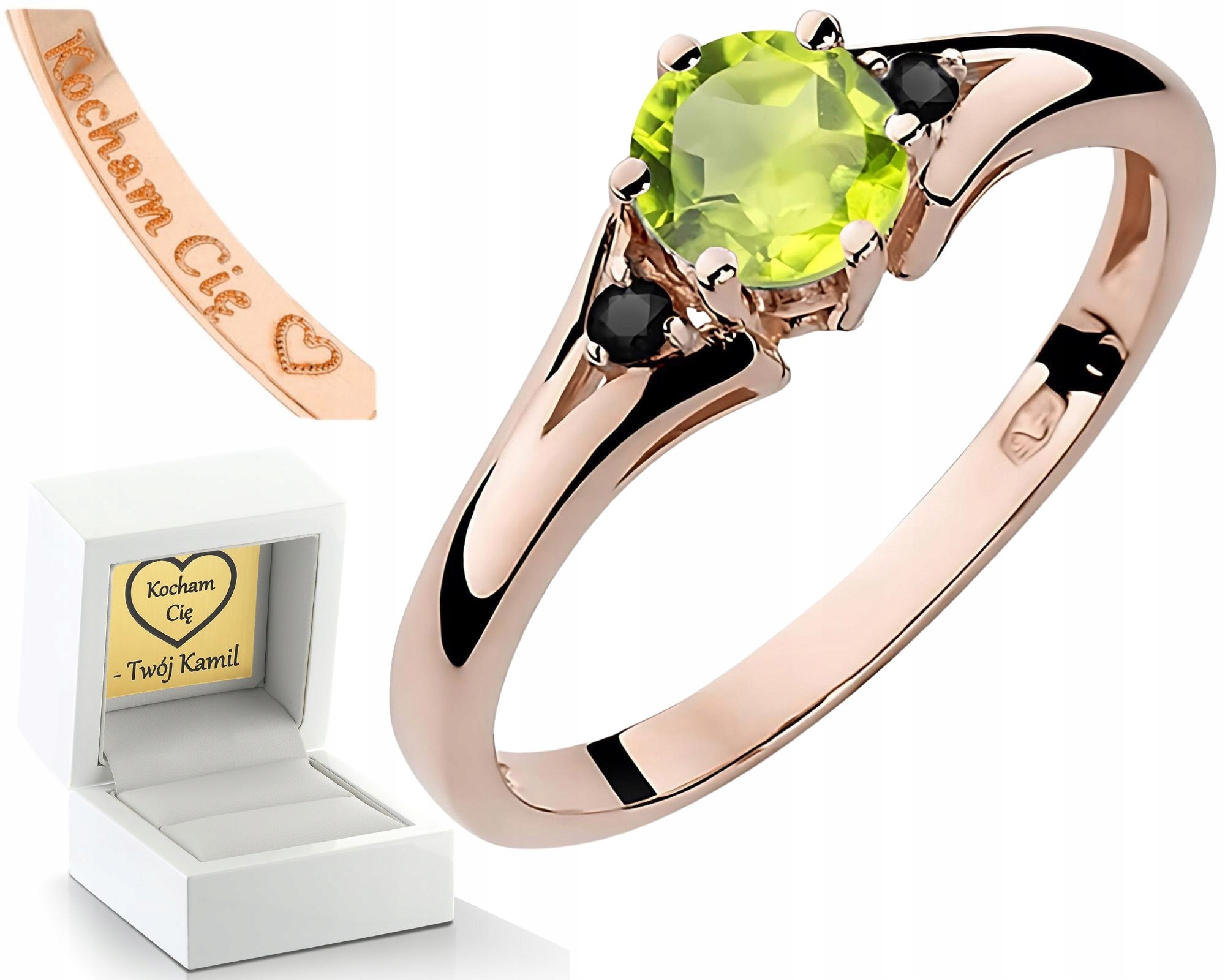 Růžový Zlatý Prstýnek S Periditem, Černými Diamanty, Dárek , Gravírování