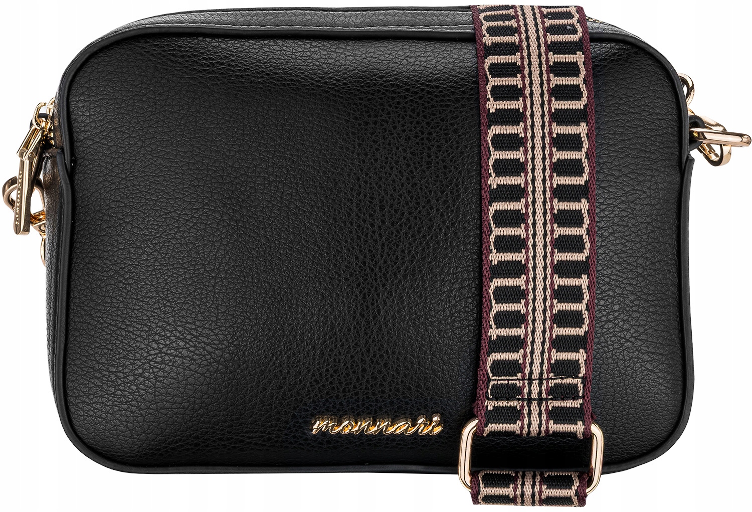 Monnari Torebka Damska Czarna Listonoszka Złote Logo Aztecki Pasek