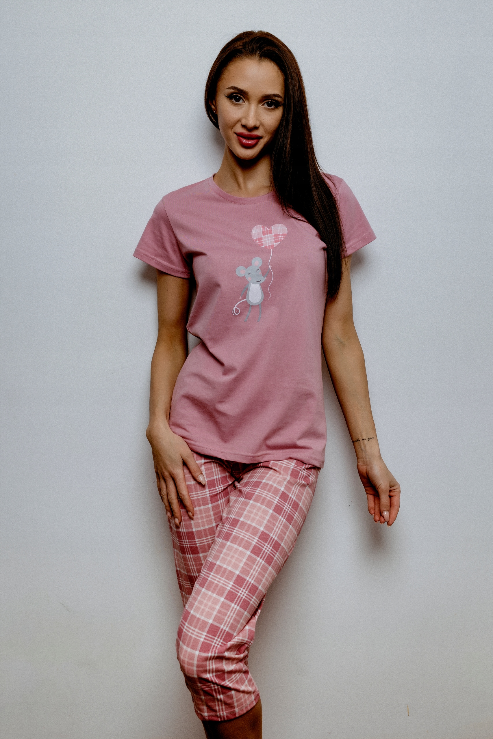 Bavlněné Dámské Pyžamo Kuba Kostkovaná Růžová Barva